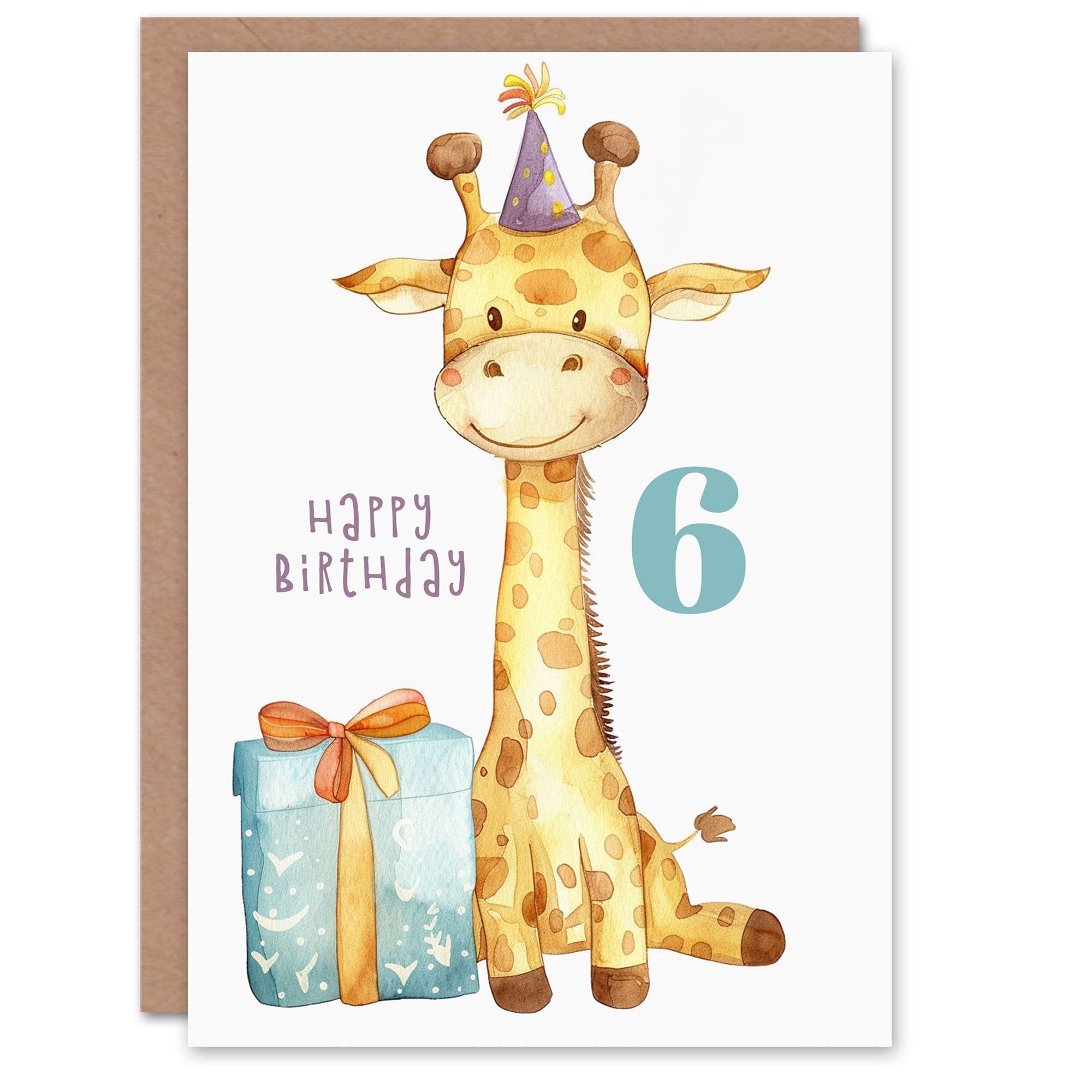 6th Birthday Card Cute Baby Giraffe in Party Hat Cartoon Kids Age 6 Year Old Child For Son Daughter Girl Boy Happy Card