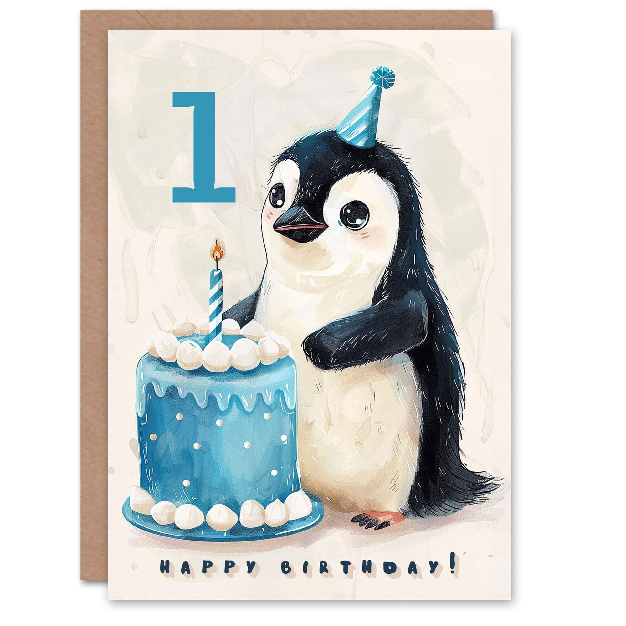 1st Birthday Card Cute Baby Penguin Cake Cartoon Kids Age 1 Year Old Child For Son Daughter Girl Boy Happy Card