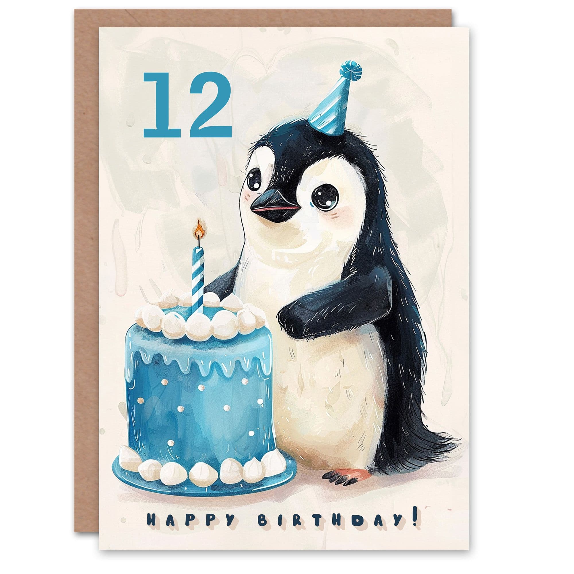 12th Birthday Card Cute Baby Penguin Cake Cartoon Kids Age 12 Year Old Child For Son Daughter Girl Boy Happy Card