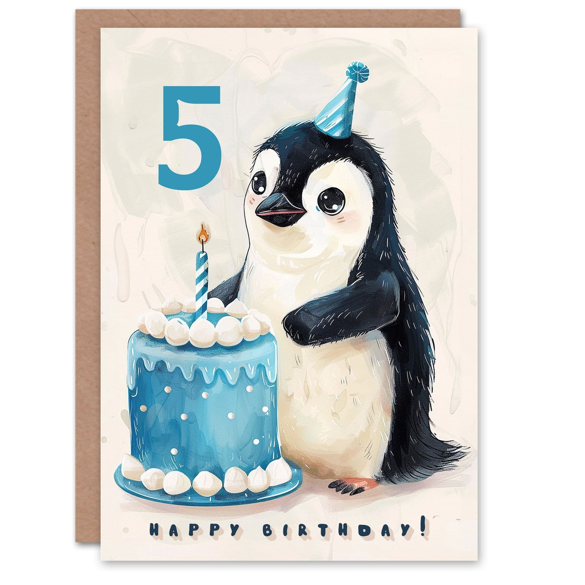 5th Birthday Card Cute Baby Penguin Cake Cartoon Kids Age 5 Year Old Child For Son Daughter Girl Boy Happy Card