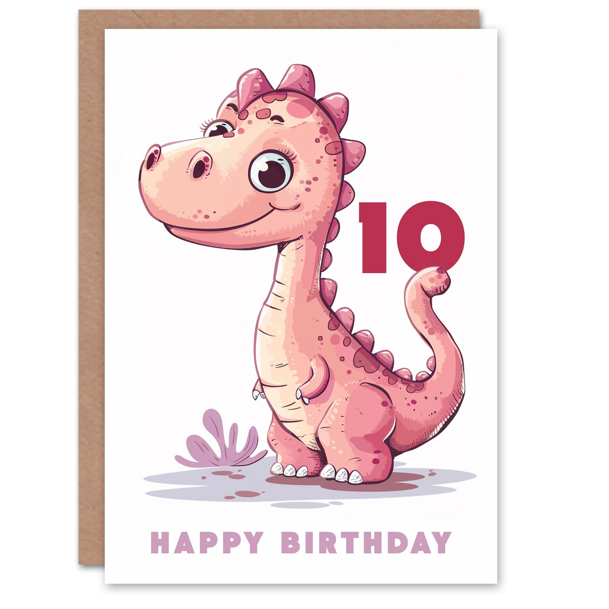 10th Birthday Card Cute Pink Baby Dinosaur Cartoon Kids Age 10 Year Old Child For Son Daughter Girl Boy Happy Card
