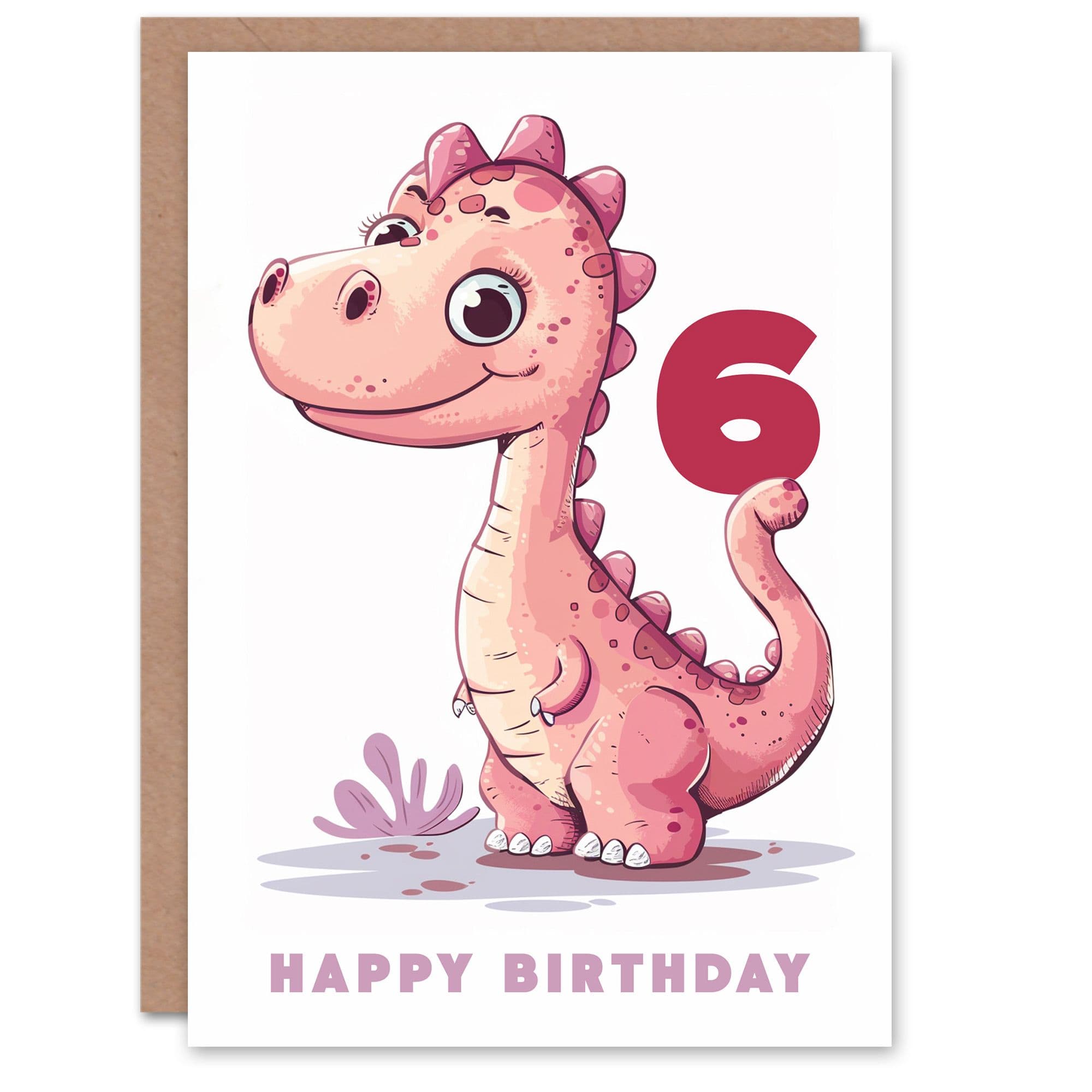 6th Birthday Card Cute Pink Baby Dinosaur Cartoon Kids Age 6 Year Old Child For Son Daughter Girl Boy Happy Card