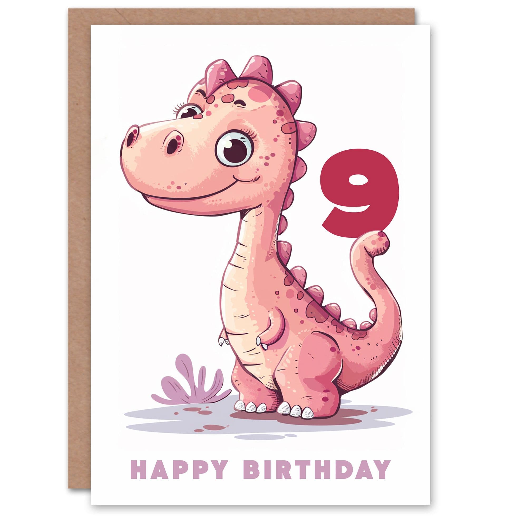 9th Birthday Card Cute Pink Baby Dinosaur Cartoon Kids Age 9 Year Old Child For Son Daughter Girl Boy Happy Card