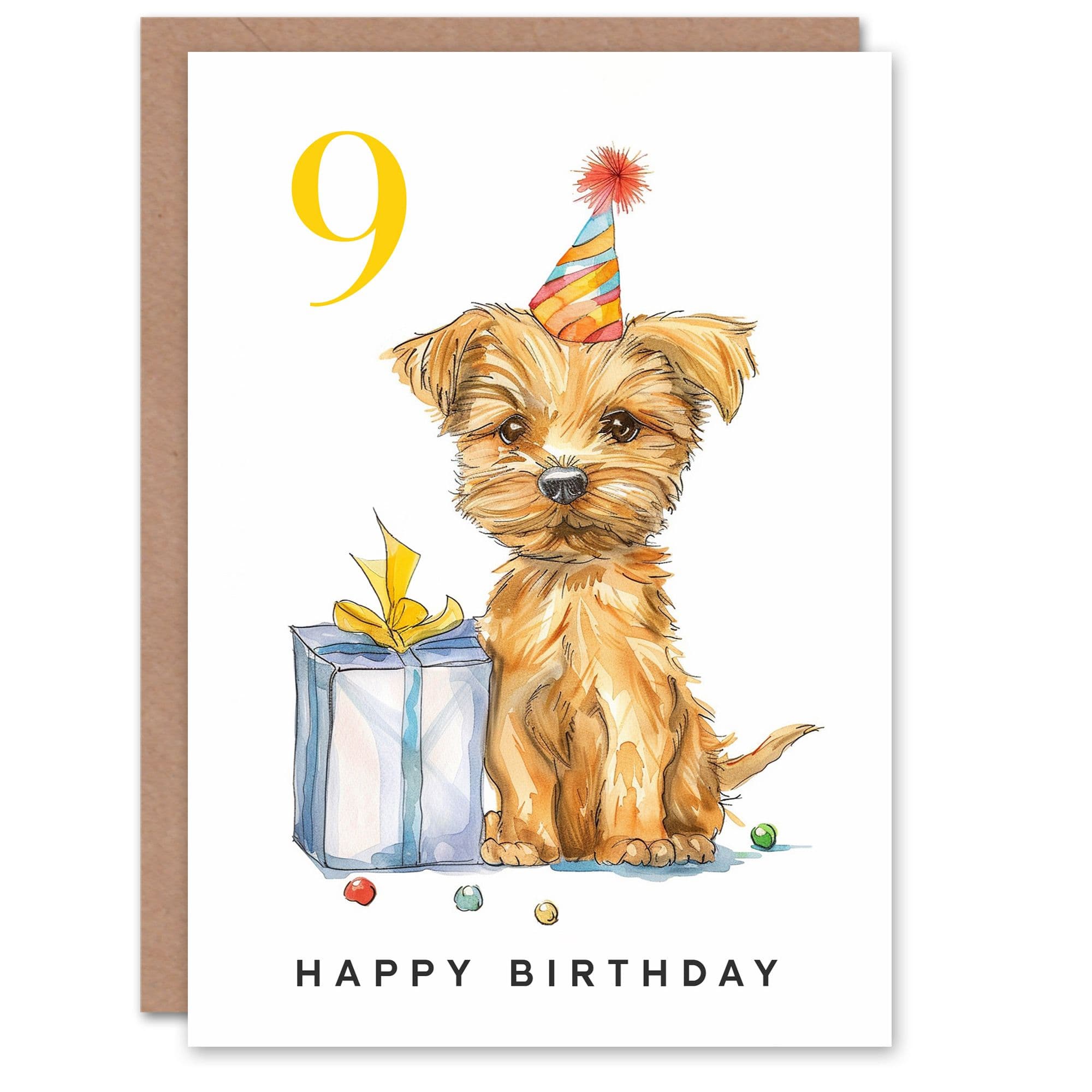 9th Birthday Card Cute Terrier Dog Puppy Party Hat Kids Age 9 Year Old Child For Son Daughter Girl Boy Happy Card