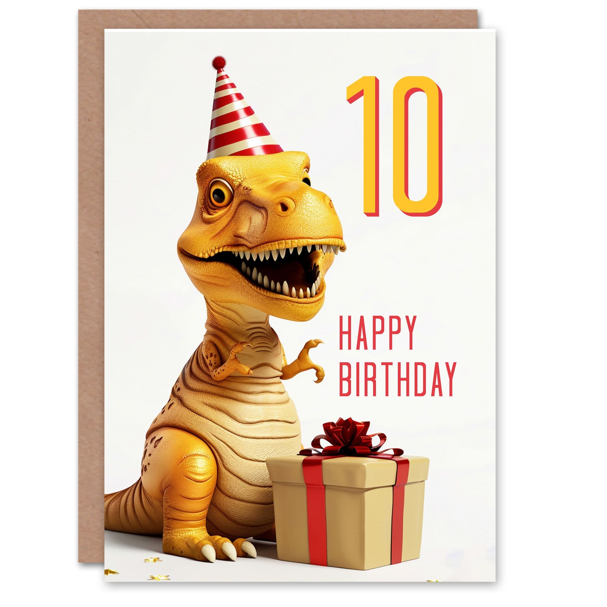 10th Birthday Card Baby T-Rex Dinosaur Party Hat Kids Age 10 Year Old Child For Son Daughter Girl Boy Happy Card