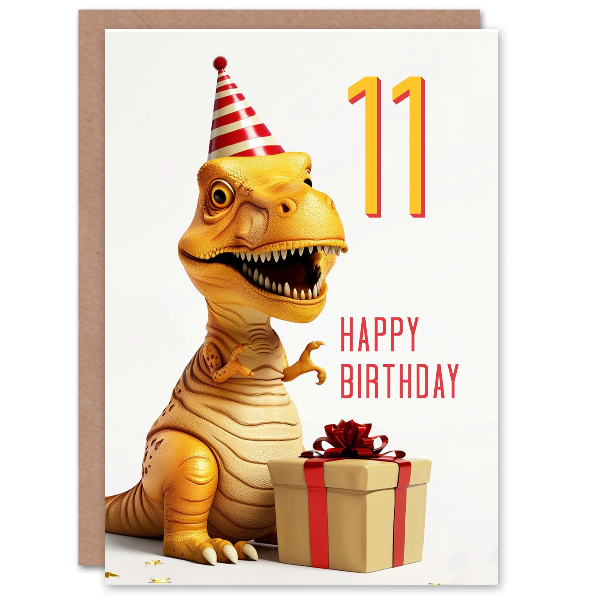 11th Birthday Card Baby T-Rex Dinosaur Party Hat Kids Age 11 Year Old Child For Son Daughter Girl Boy Happy Card