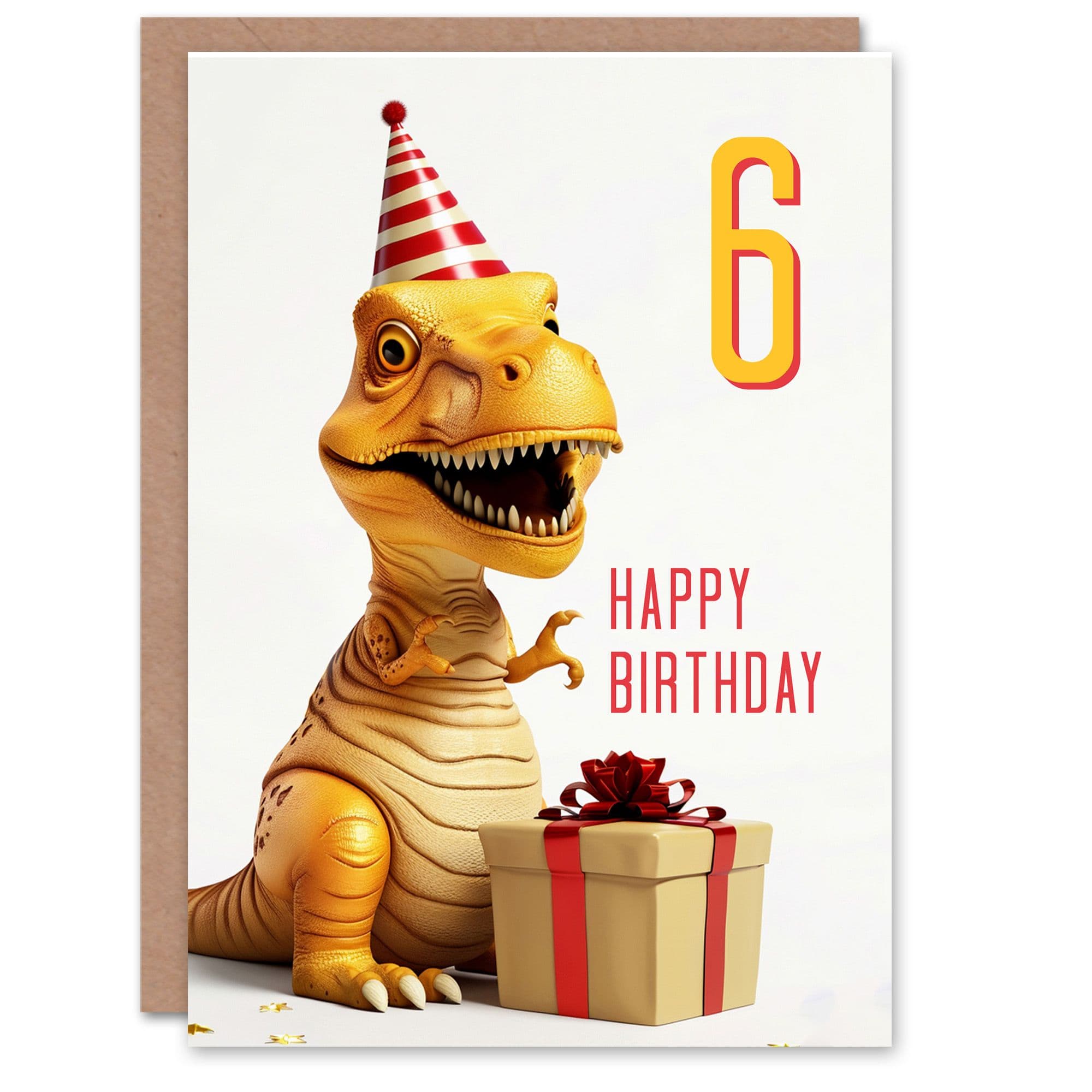 6th Birthday Card Baby T-Rex Dinosaur Party Hat Kids Age 6 Year Old Child For Son Daughter Girl Boy Happy Card
