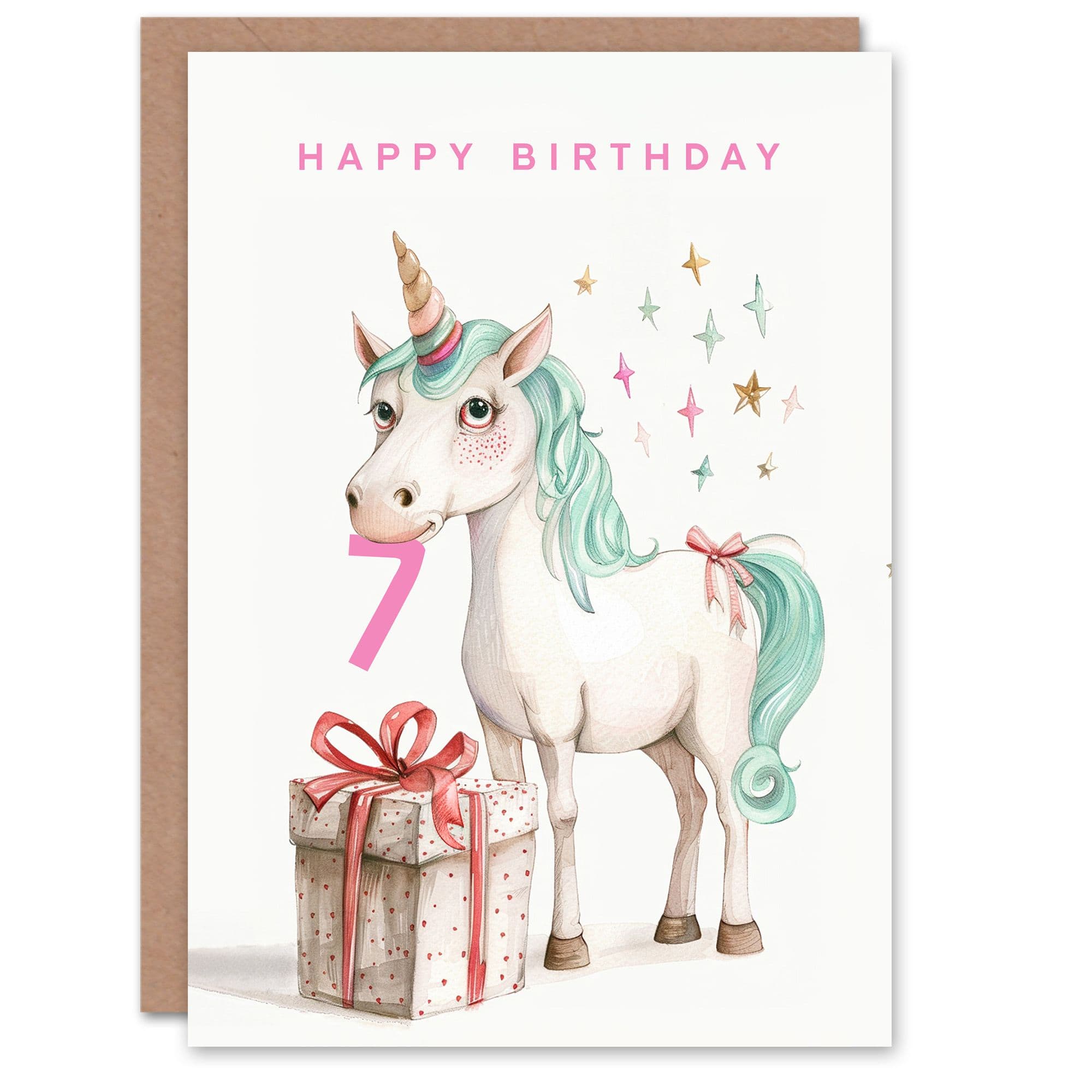 7th Birthday Card Unicorn Stars Present Fun Age Old Son Daughter Happy Card