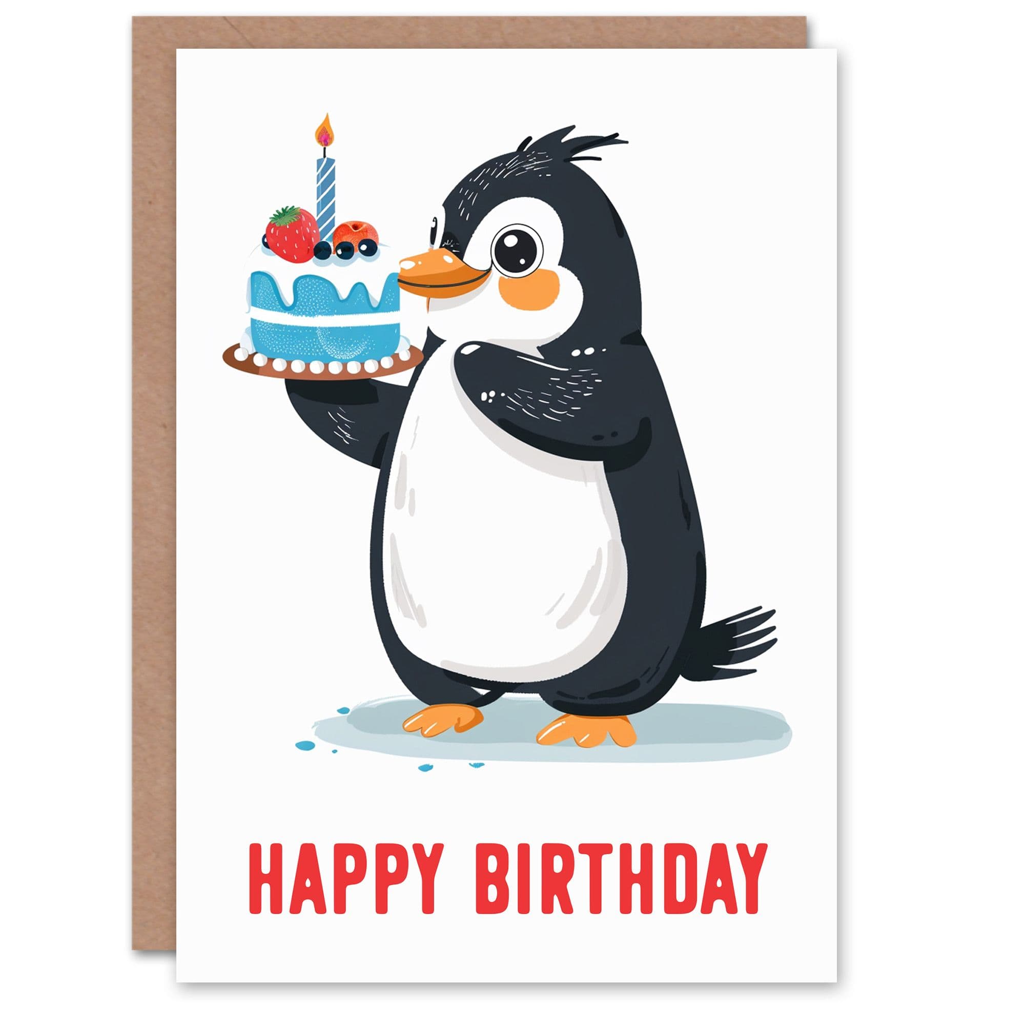 Birthday Card Cute Penguin Holding Cake Bright For Son Daughter Girl Boy Kids Happy Card