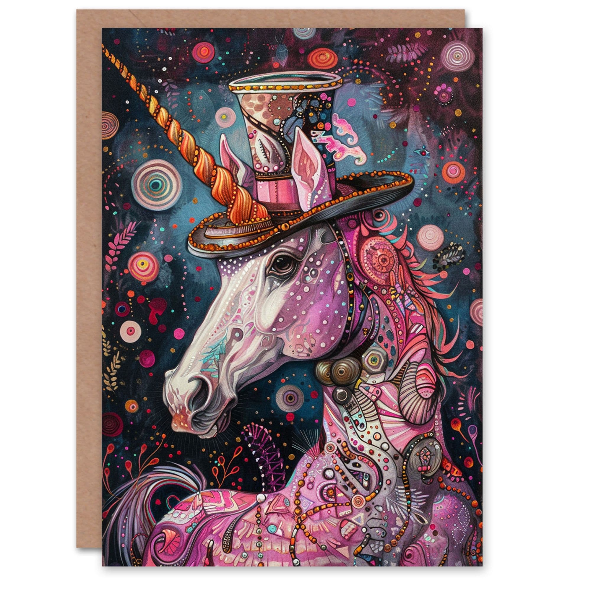 Birthday Card Pink Unicorn Fantasy Pattern Top Hat Kids For Son Daughter Girl Boy Kids Happy Card