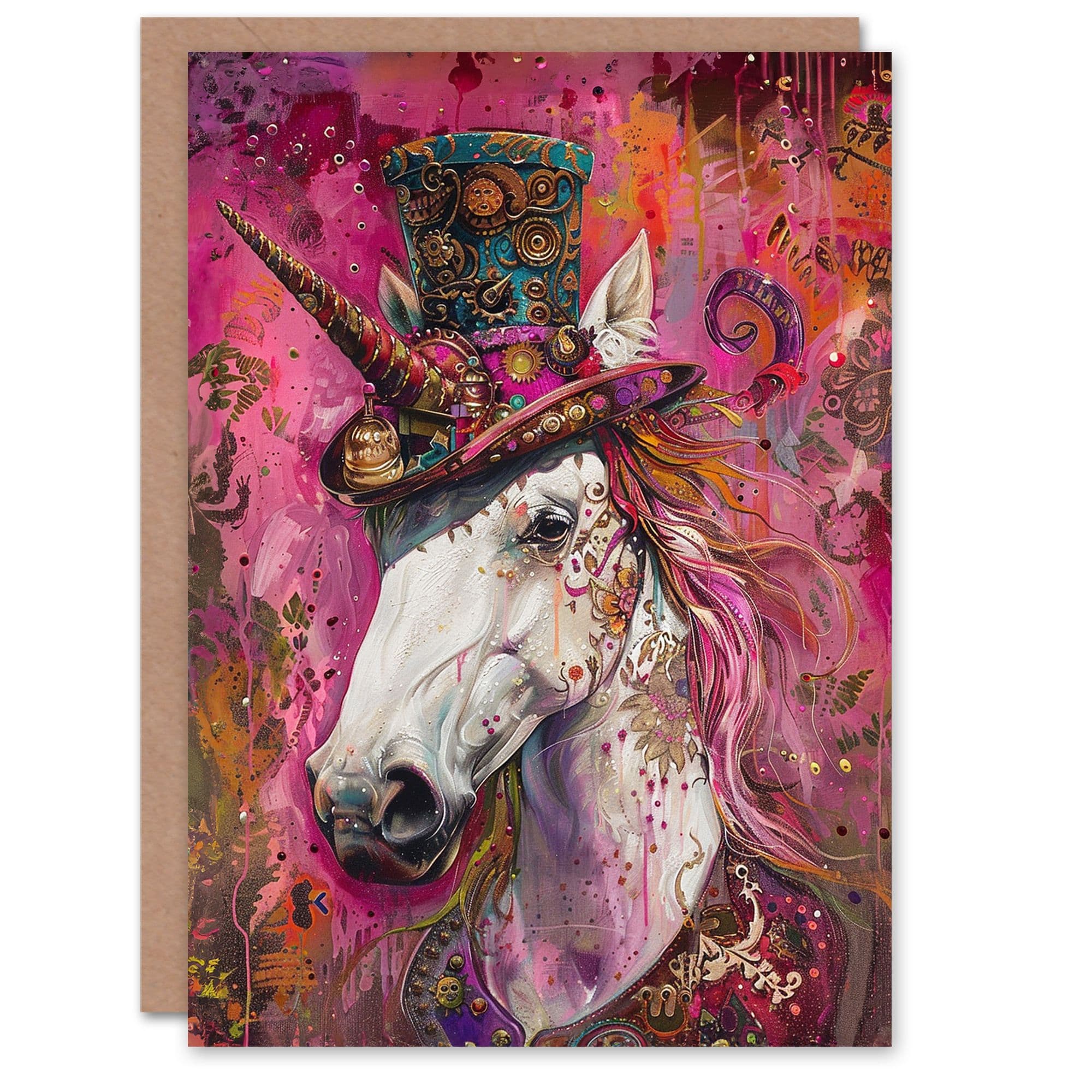 Birthday Card Steampunk Royal Pink Unicorn Top Hat Kids For Son Daughter Girl Boy Kids Happy Card