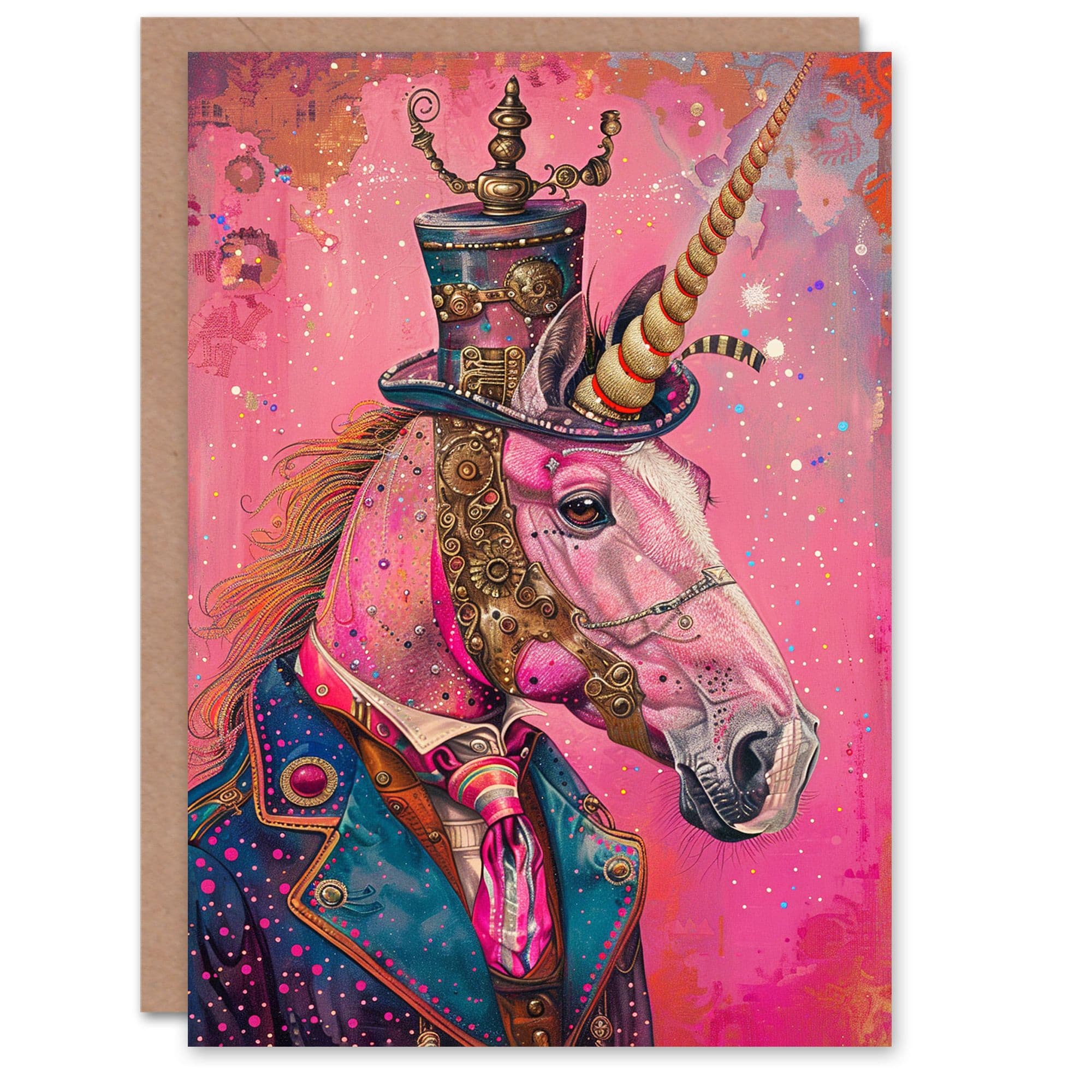 Birthday Card Stylish Pink Steampunk Unicorn Top Hat Suit Kids For Son Daughter Girl Boy Kids Happy Card