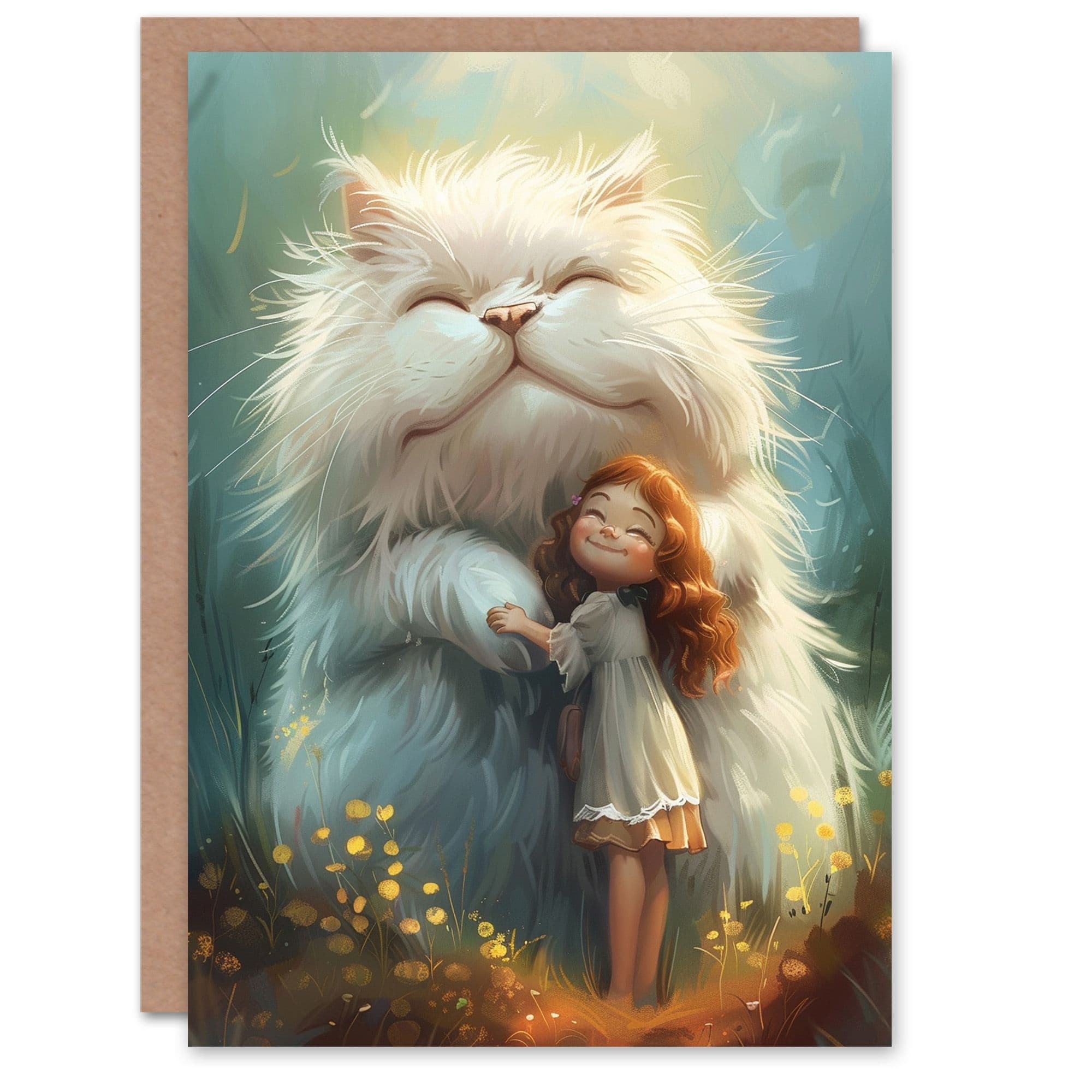 Birthday Card Cute Little Girl and Giant Cat Friend Love For Son Daughter Girl Boy Kids Happy Card