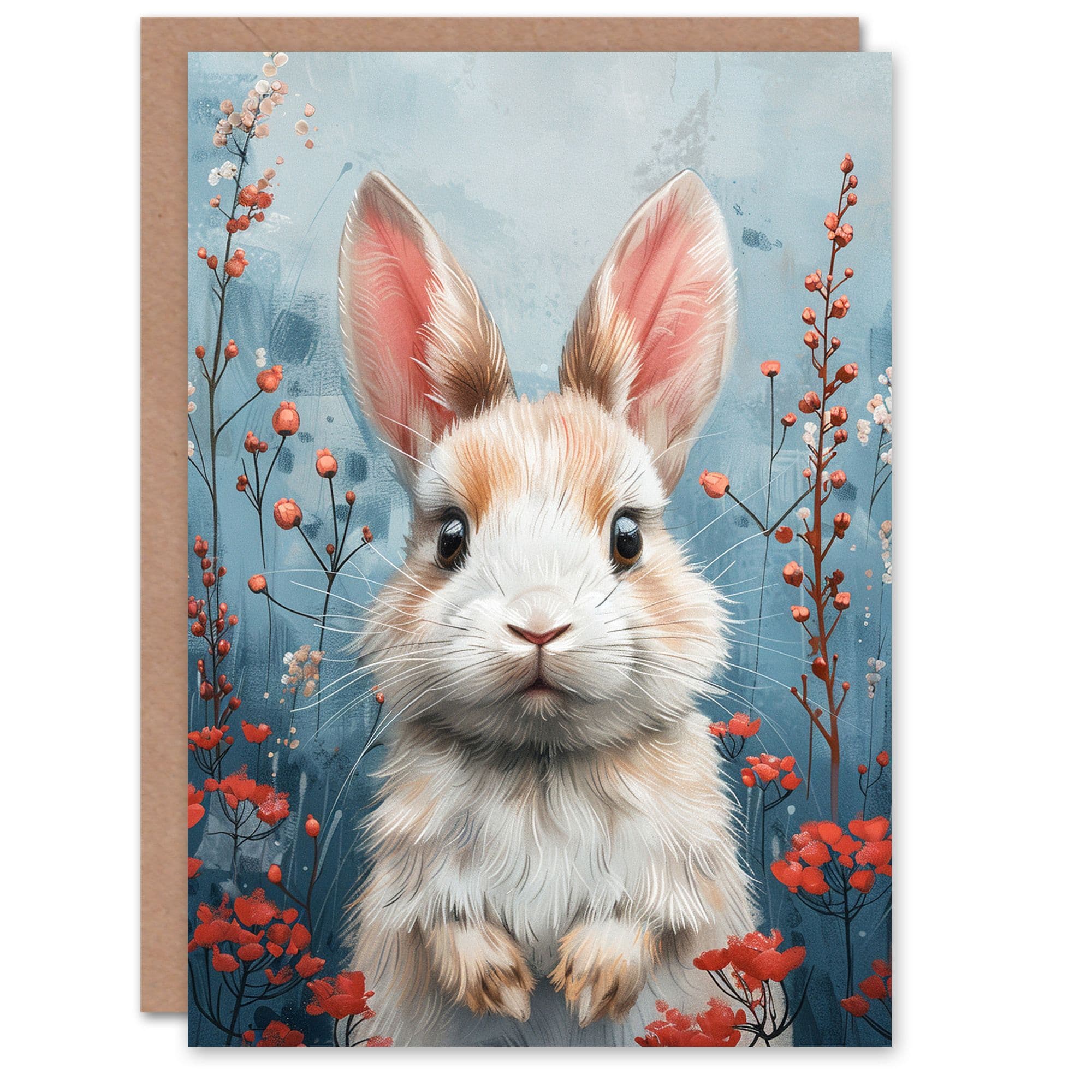 Birthday Card Cute Bunny Rabbit and Red Wildflowers For Son Daughter Girl Boy Kids Happy Card