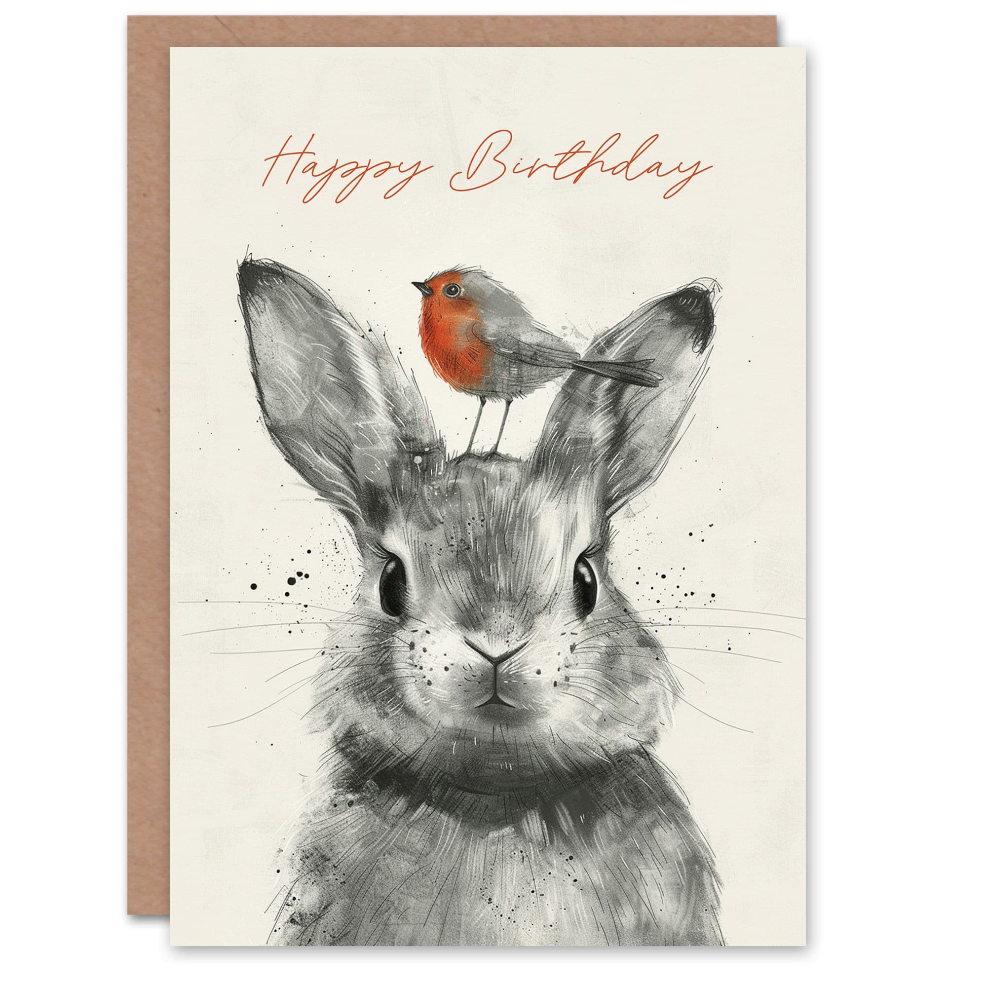 Birthday Card Cute Bunny Rabbit Robin Bird on Head Drawing For Son Daughter Girl Boy Kids Happy Card