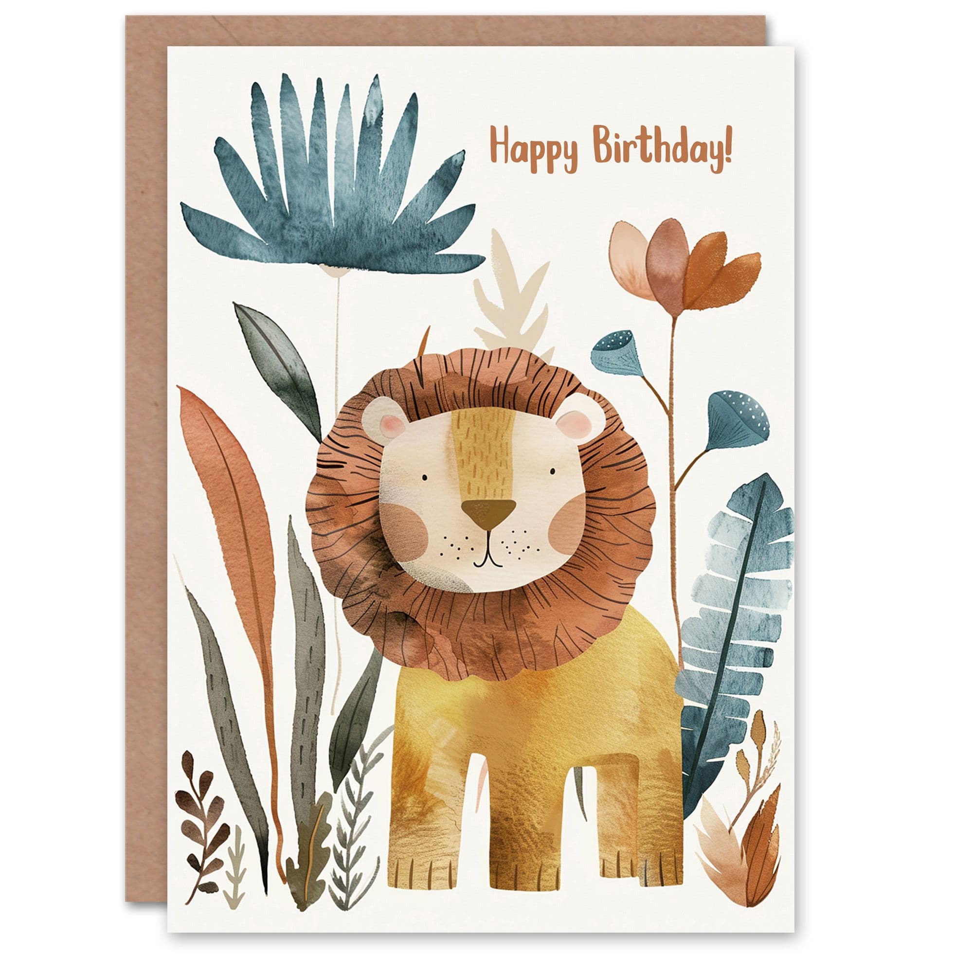 Birthday Card Cute Lion Safari Jungle Plants For Son Daughter Girl Boy Kids Happy Card
