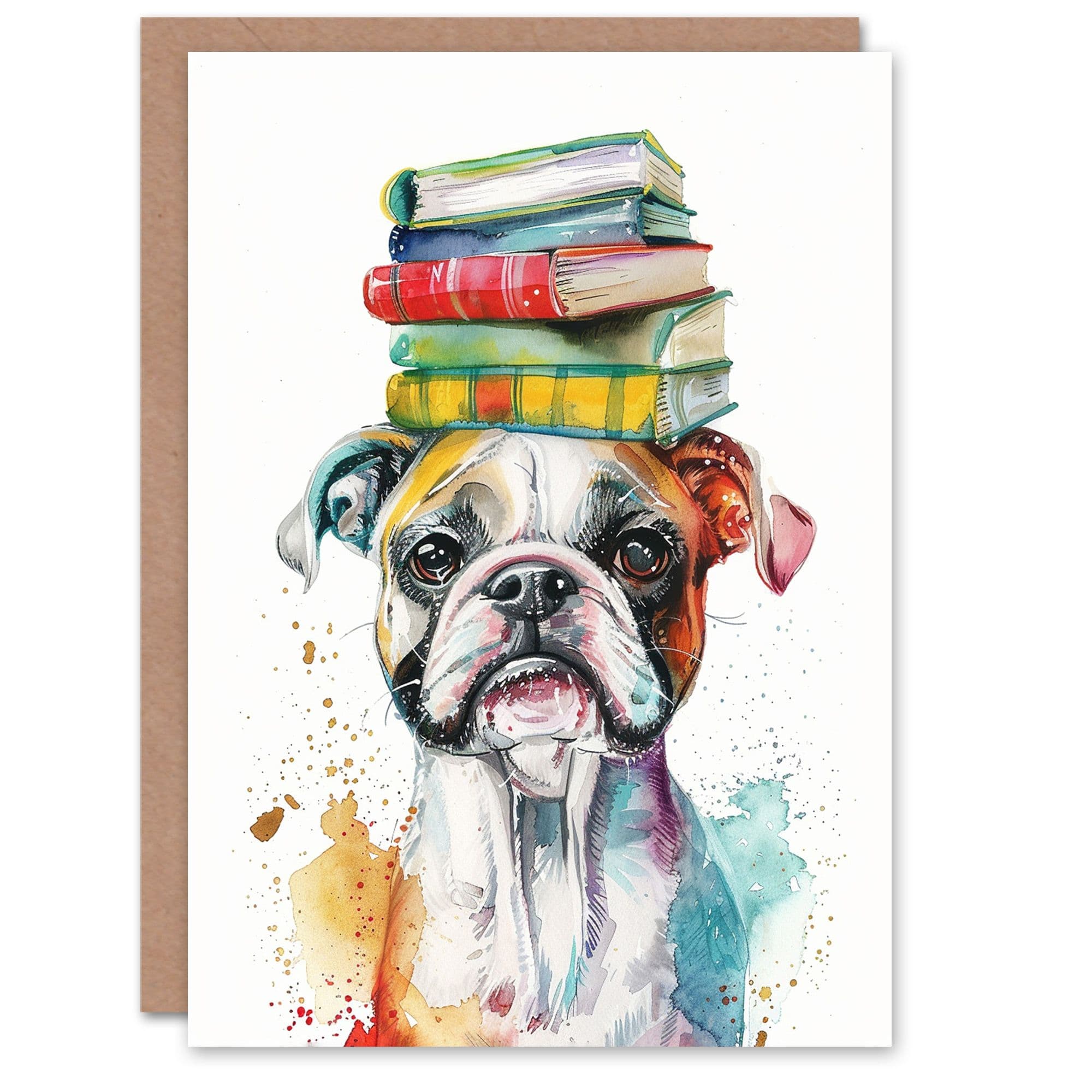 Birthday Card Boxer Dog Pet Portrait Book Stack Son Daughter Happy Card