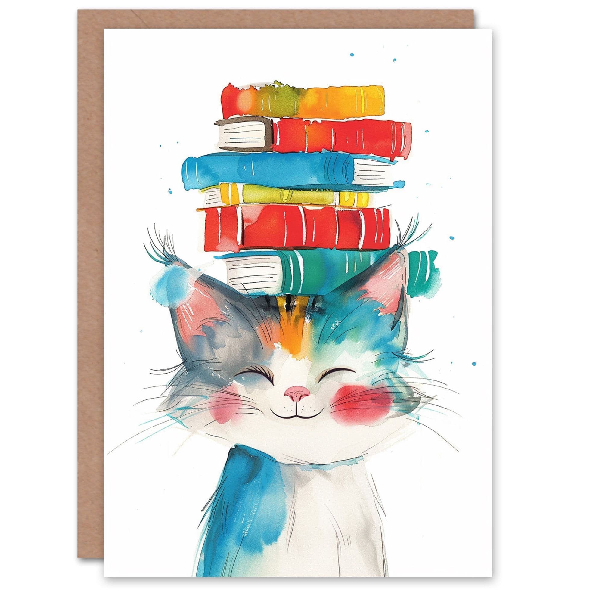 Birthday Card Cat Pet Kitten with Book Stack Bright Watercolour For Son Daughter Girl Boy Kids Happy Card