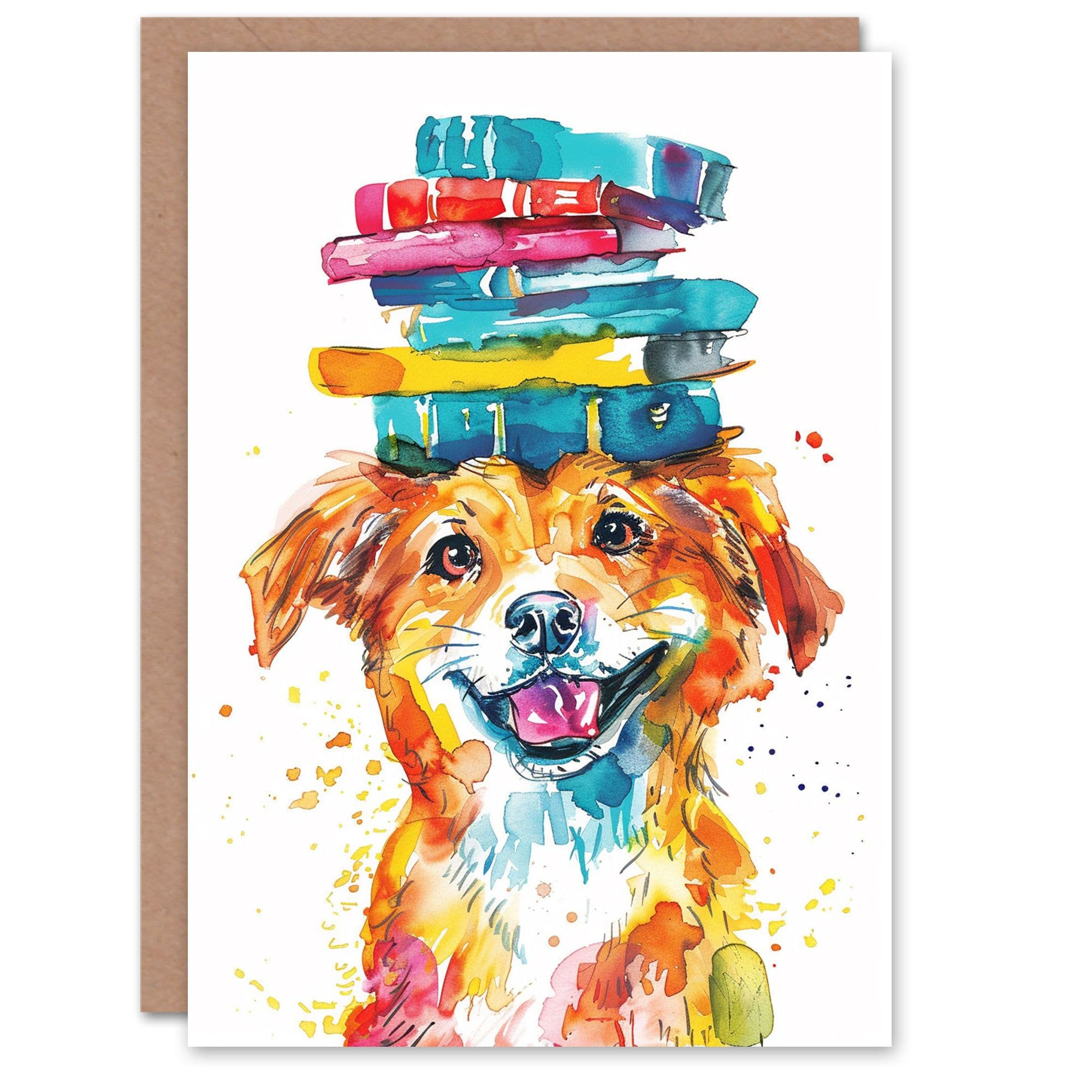 Birthday Card Happy Dog Pet with Book Stack on Head For Son Daughter Girl Boy Kids Happy Card