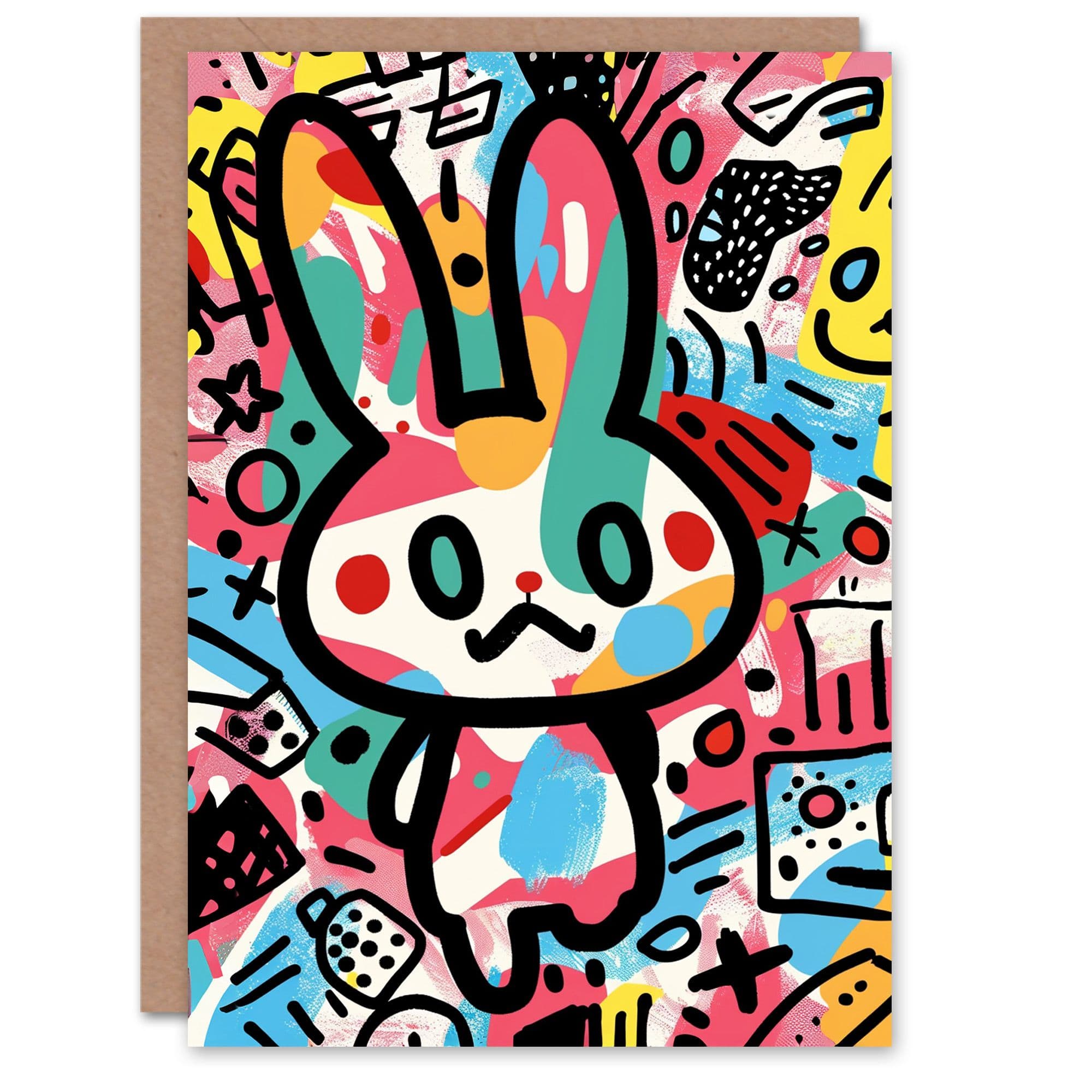 Birthday Card Bunny Rabbit Cartoon Colourful Graffiti Style Son Daughter Happy Card