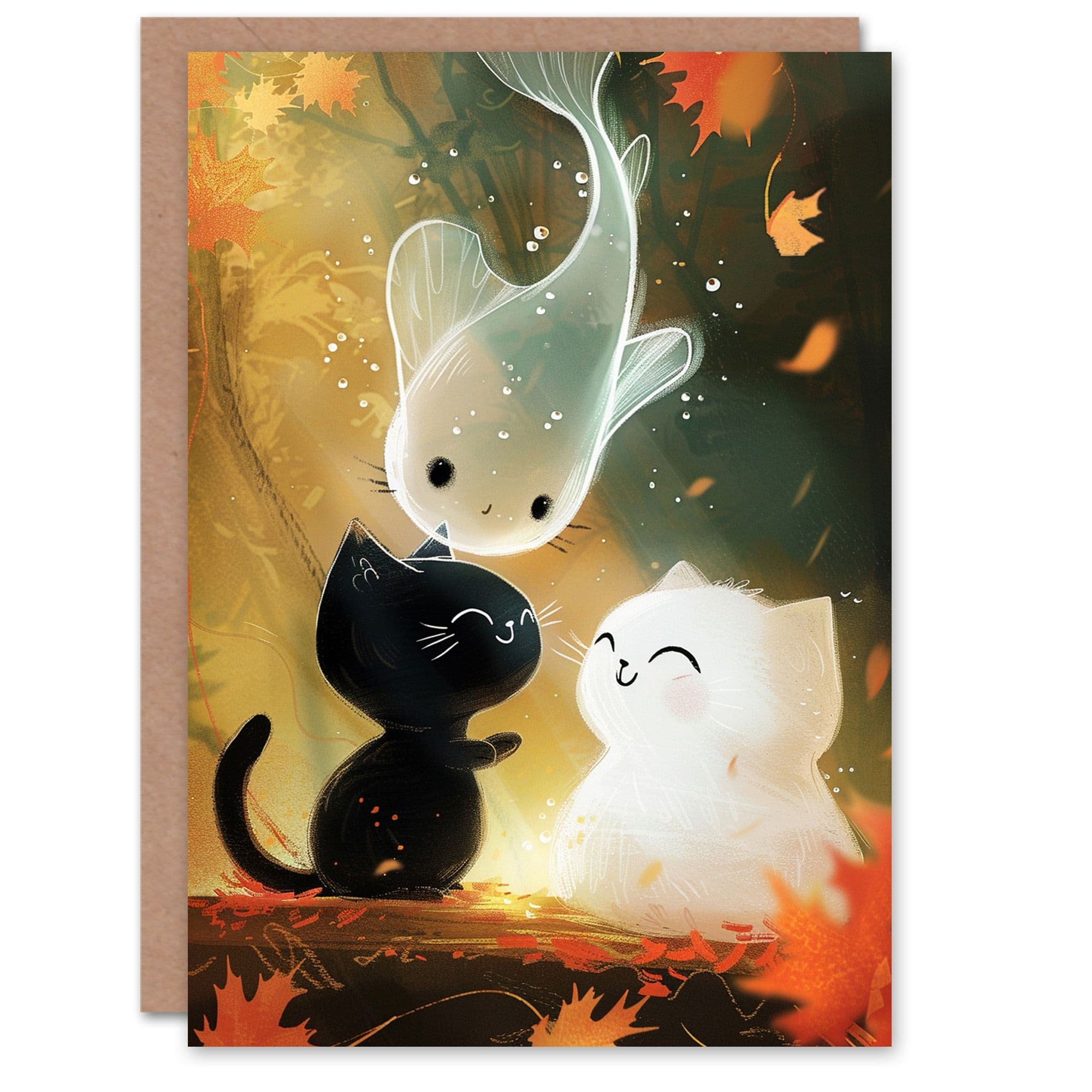 Birthday Card Cute Cats White Kittens Ghost Fish Son Daughter Happy Card