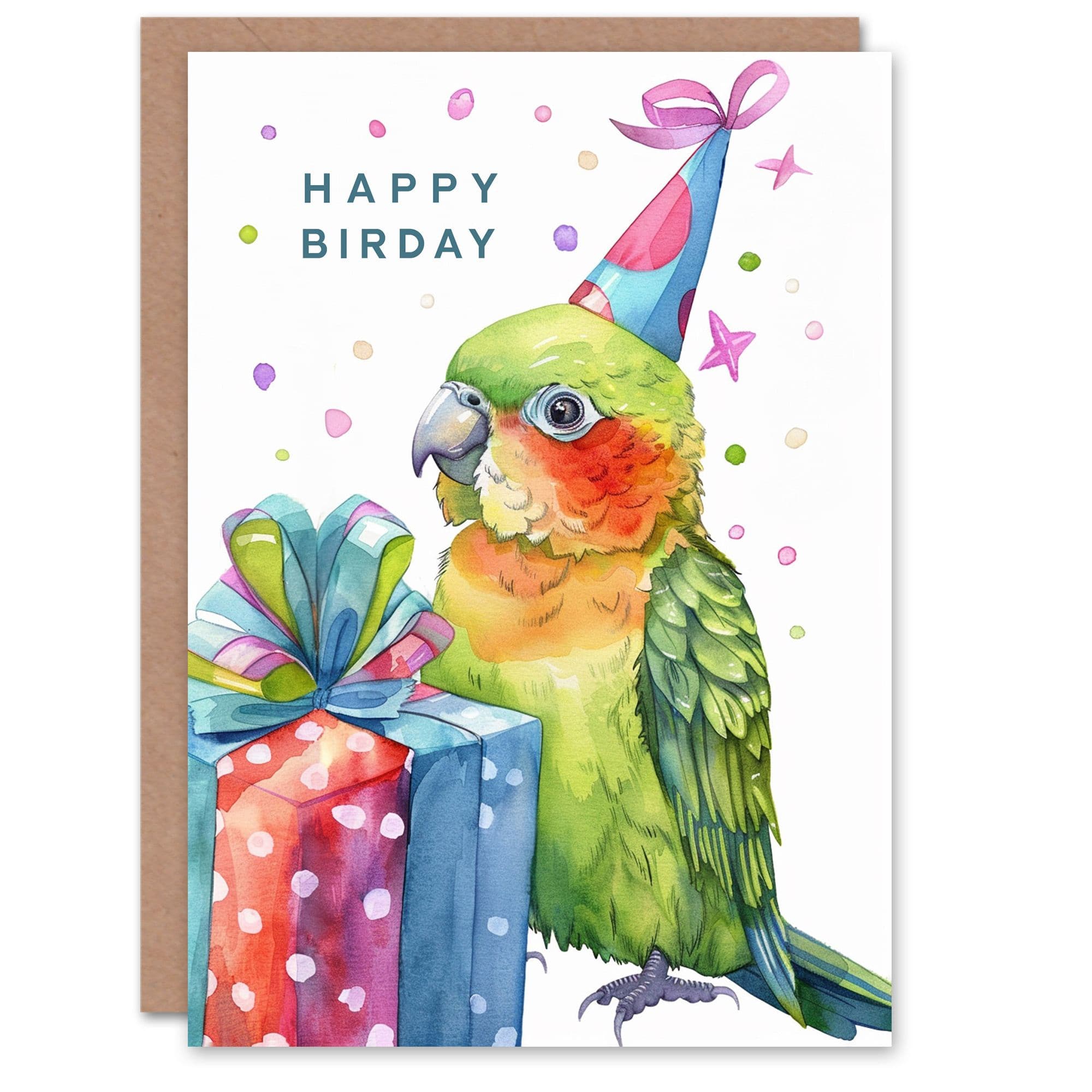 Birthday Card Cute Green Parakeet Parrot Party For Son Daughter Girl Boy Kids Happy Card