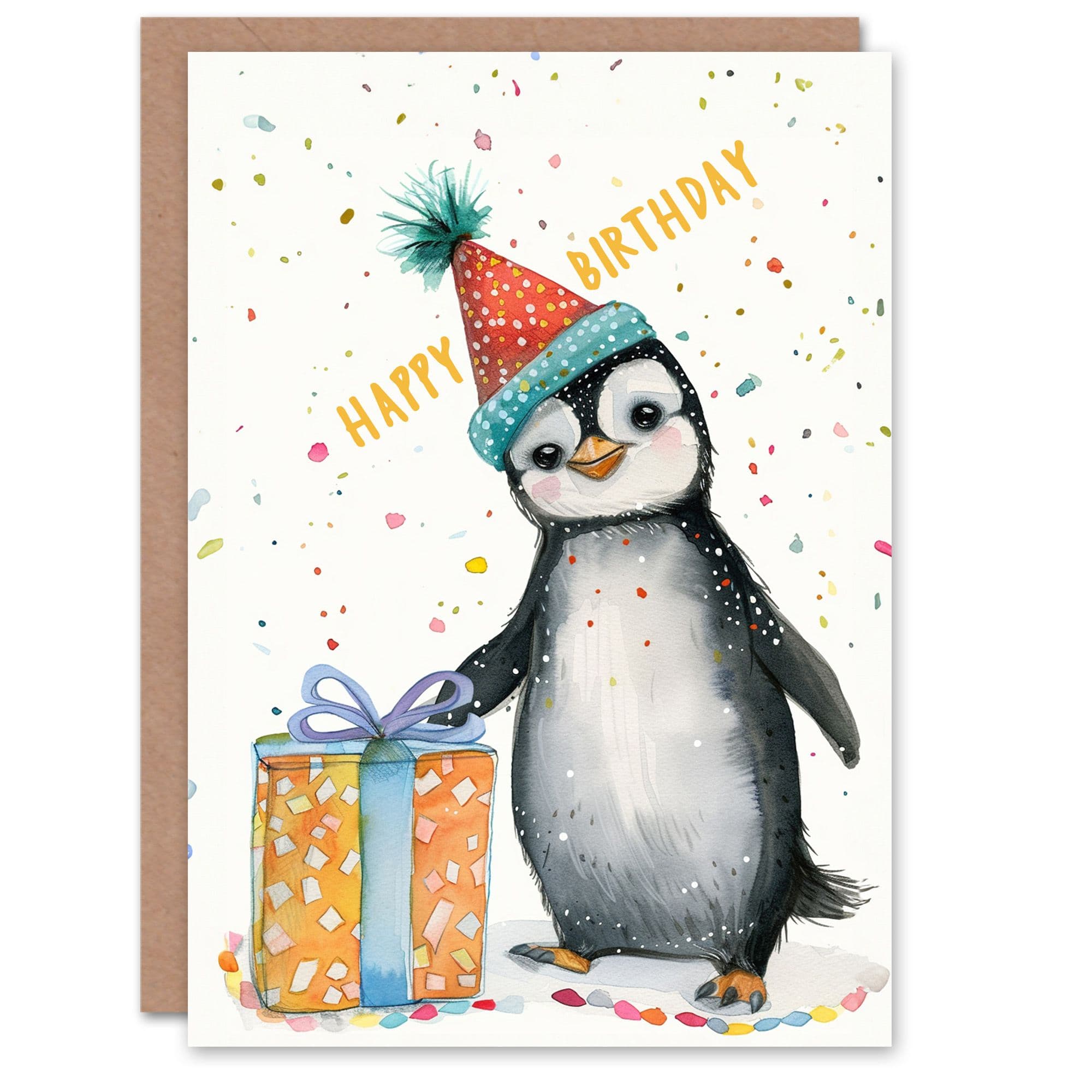 Birthday Card Cute Baby Penguin Party Hat Confetti For Son Daughter Girl Boy Kids Happy Card