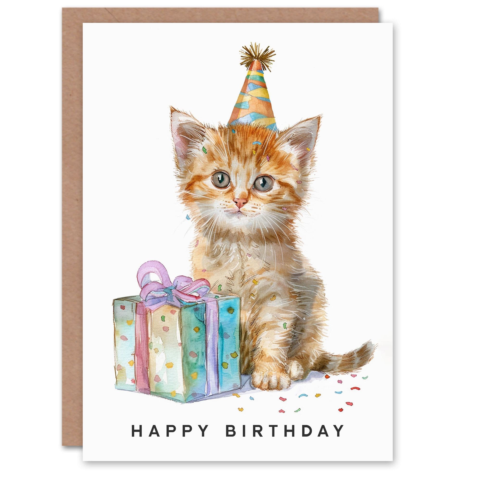 Birthday Card Adorable Kitten Baby Cat Pet in Party Hat For Son Daughter Girl Boy Kids Happy Card