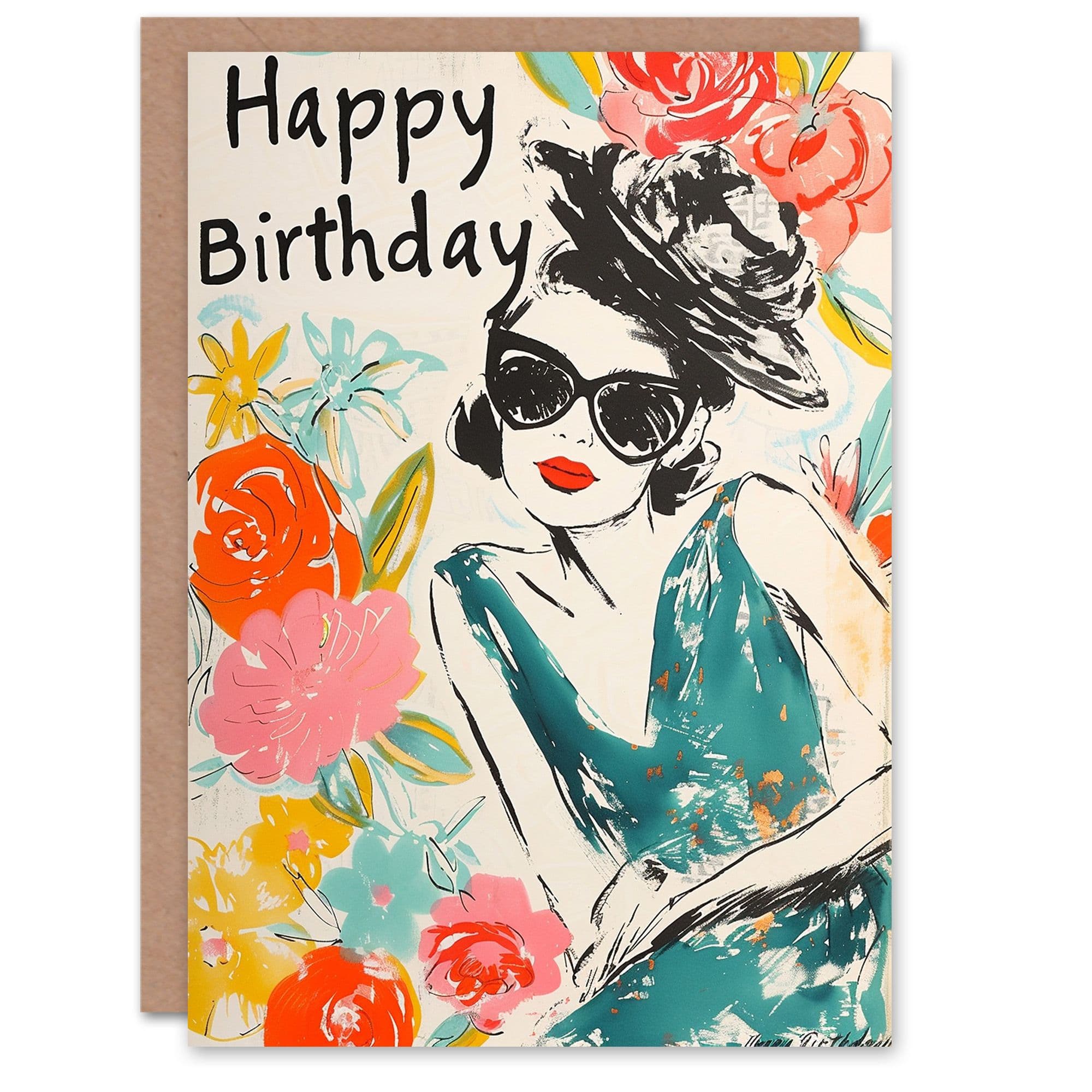 Birthday Card Fashion Icon Floral Pattern Portrait For Her Gran Sister Niece Daughter Wife Greeting Card