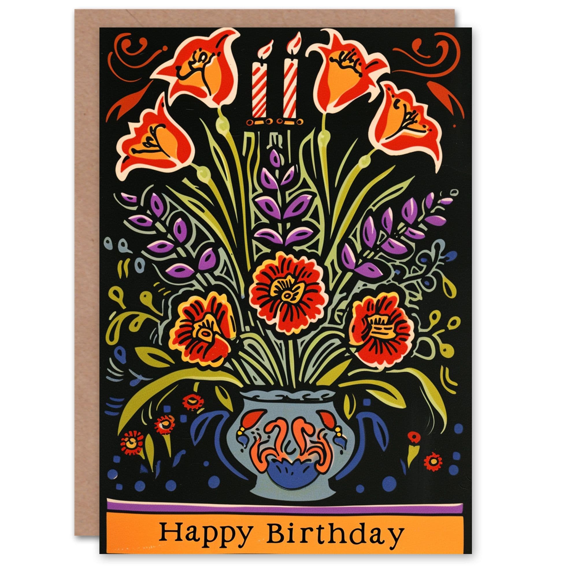 Birthday Card Flower Bouquet Vase Folk Art Her Gran Sister Niece Daughter Wife Greeting Card
