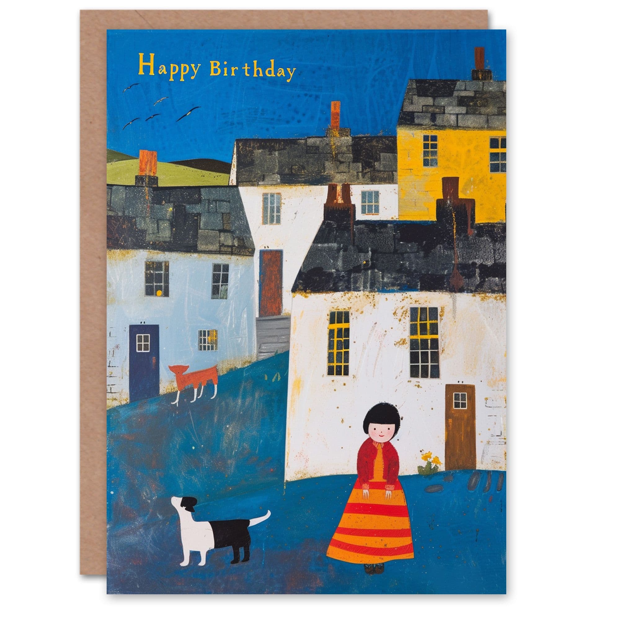 Birthday Card Dog Lover Girl in Small Village Painting For Her Gran Sister Niece Daughter Wife Greeting Card