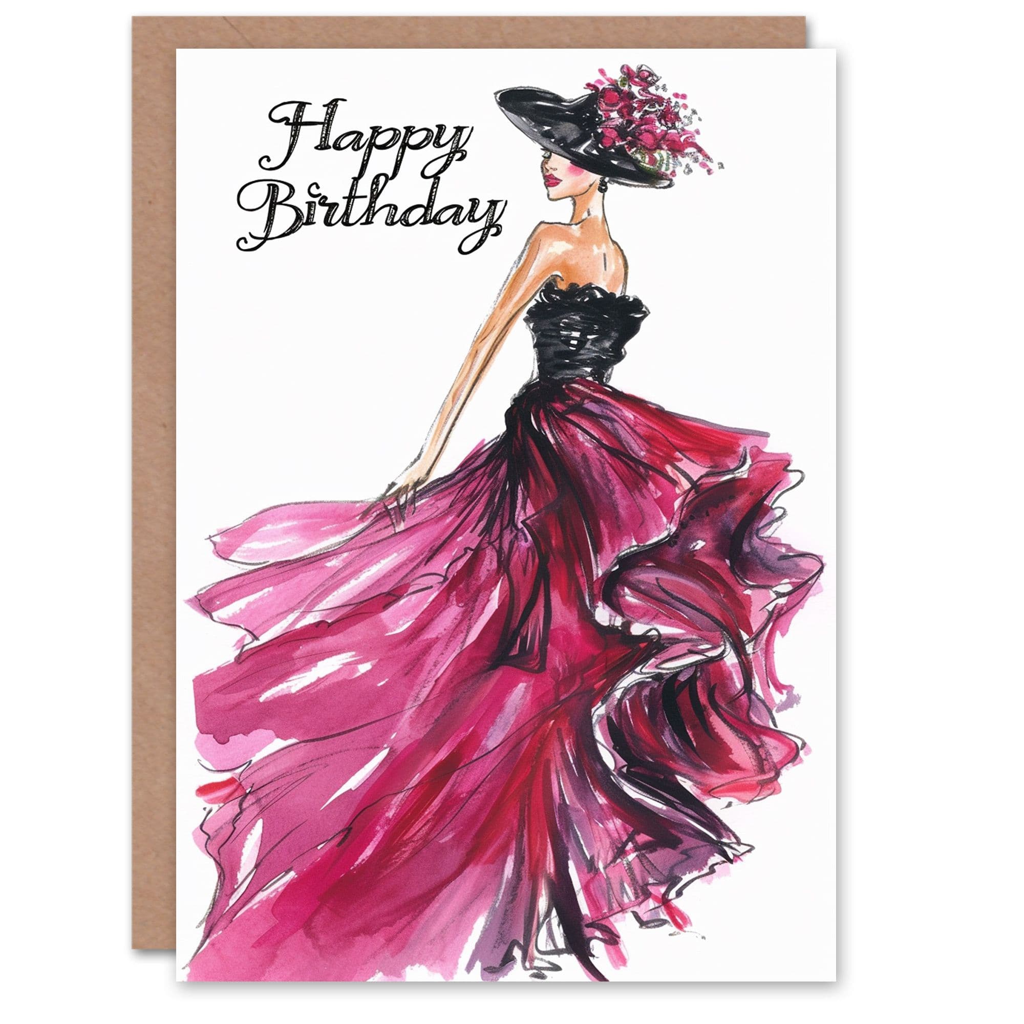 Birthday Card Couture Dress Floral Hat Fashion Her Gran Sister Niece Daughter Wife Greeting Card