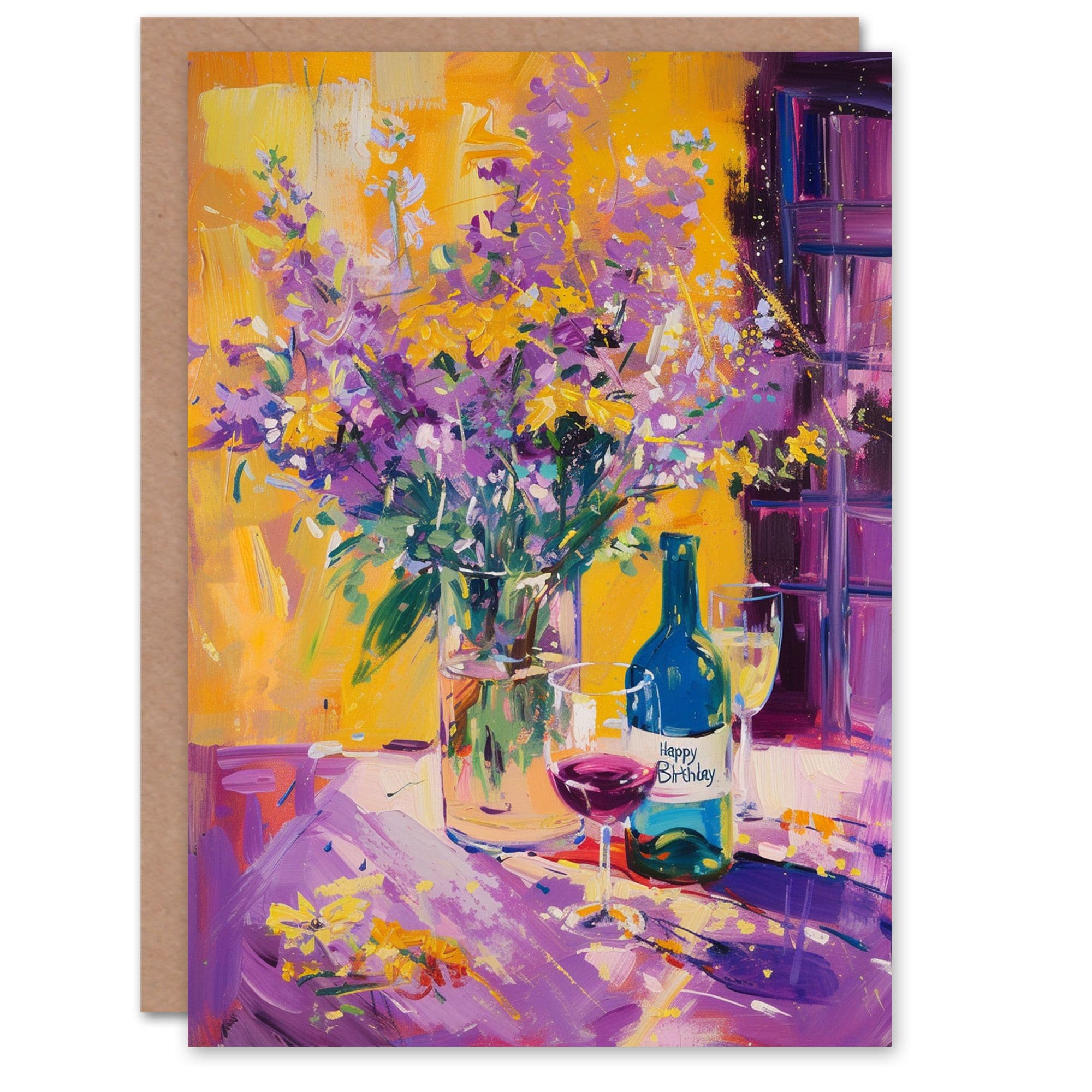 Birthday Card Flower Bouquet Wine Bottle Still Life Her Gran Sister Niece Daughter Wife Greeting Card