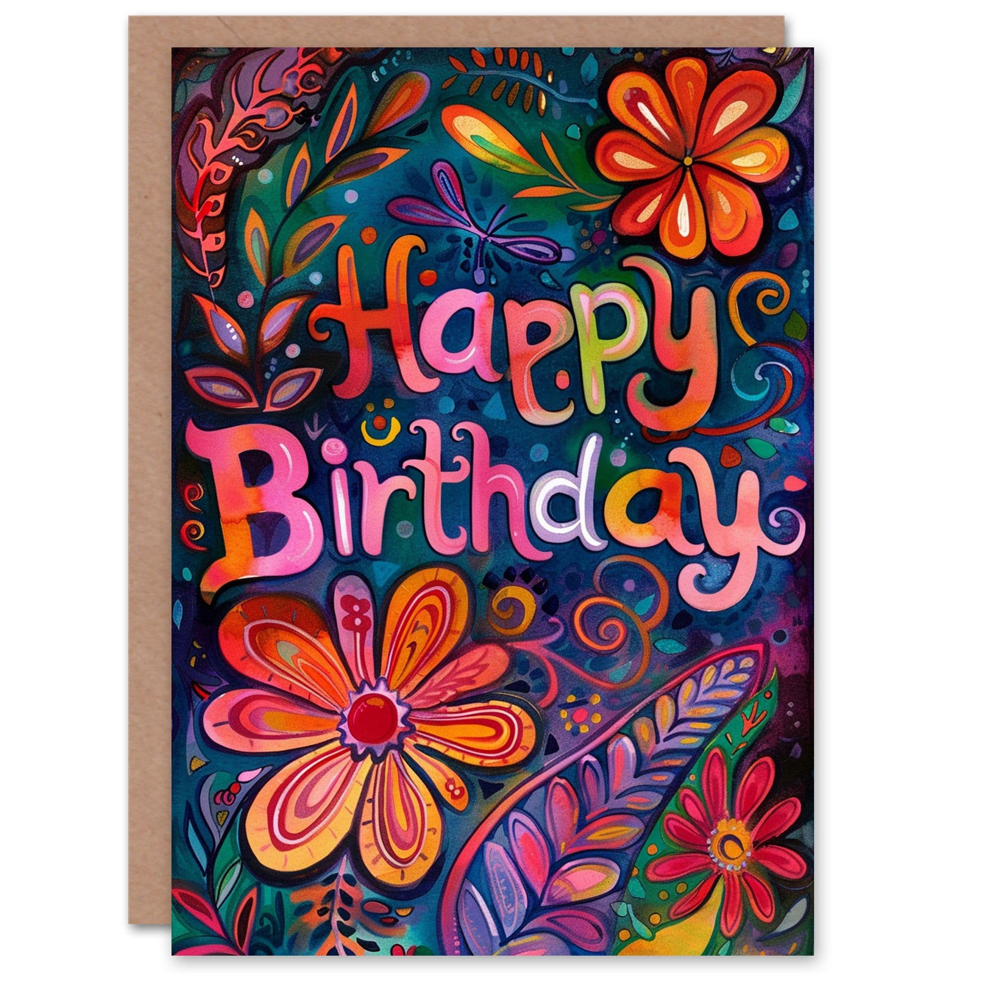 Birthday Card Flower Leaf Patterns Vibrant Floral Folk Art For Her Gran Sister Niece Daughter Wife Greeting Card