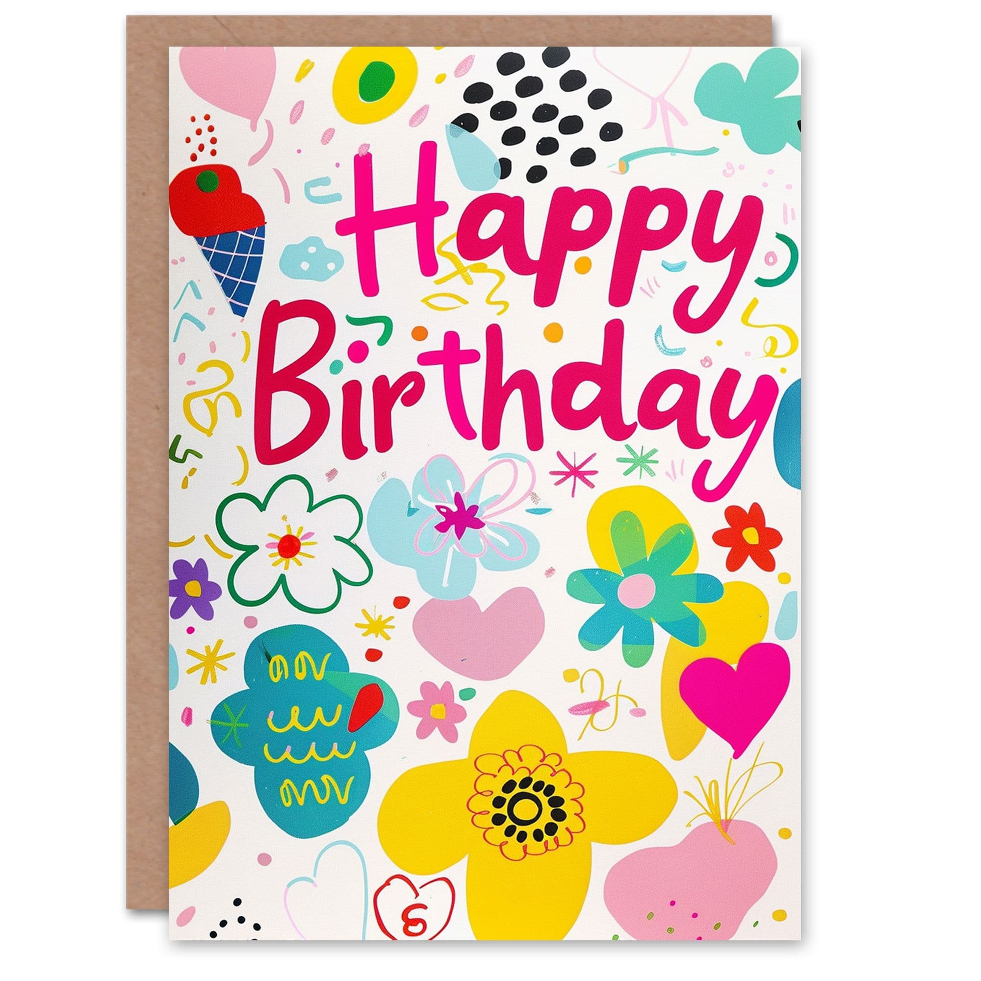 Birthday Card Bright Flower Ice Cream Love Heart Pattern For Her Gran Sister Niece Daughter Wife Greeting Card
