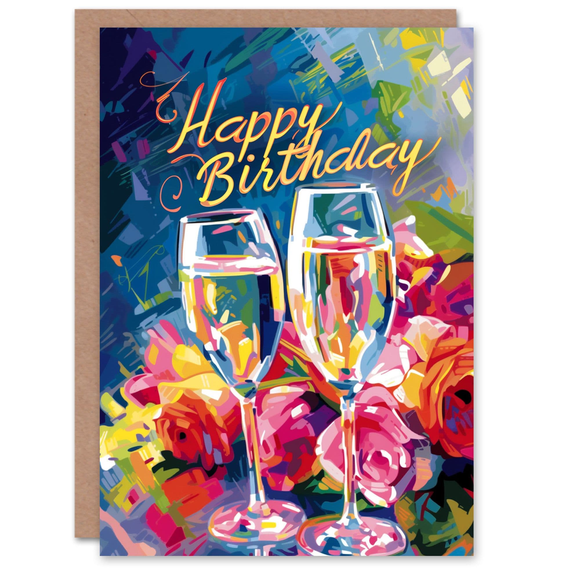 Birthday Card Roses Bouquet and Champagne Glasses For Her Gran Sister Niece Daughter Wife Greeting Card