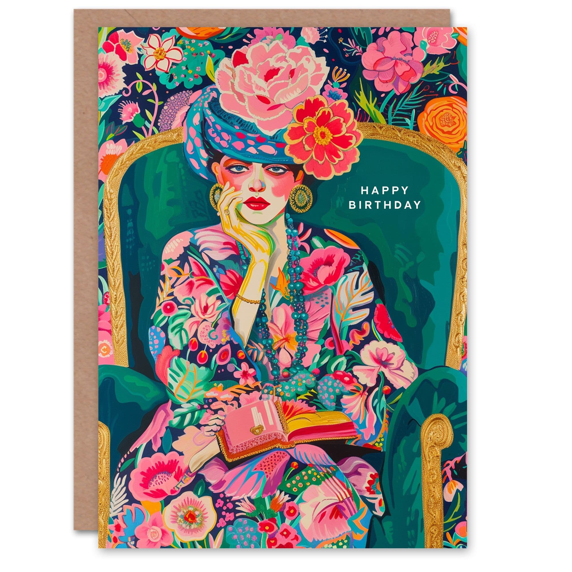 Birthday Card Flower Pattern Floral Fashion Portrait Her Gran Sister Niece Daughter Wife Greeting Card
