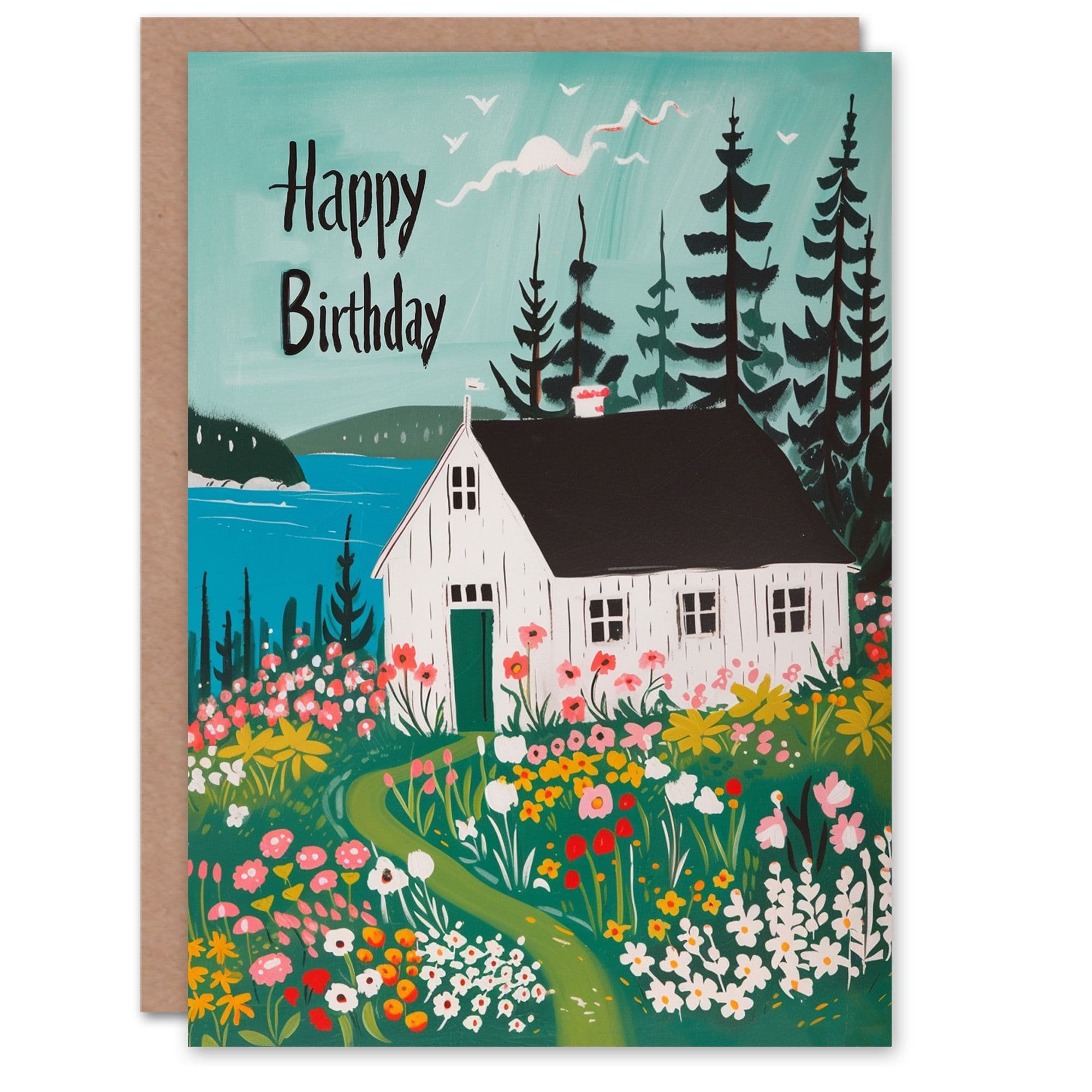 Birthday Card Flower Meadow Cottage Lake Landscape For Her Gran Sister Niece Daughter Wife Greeting Card