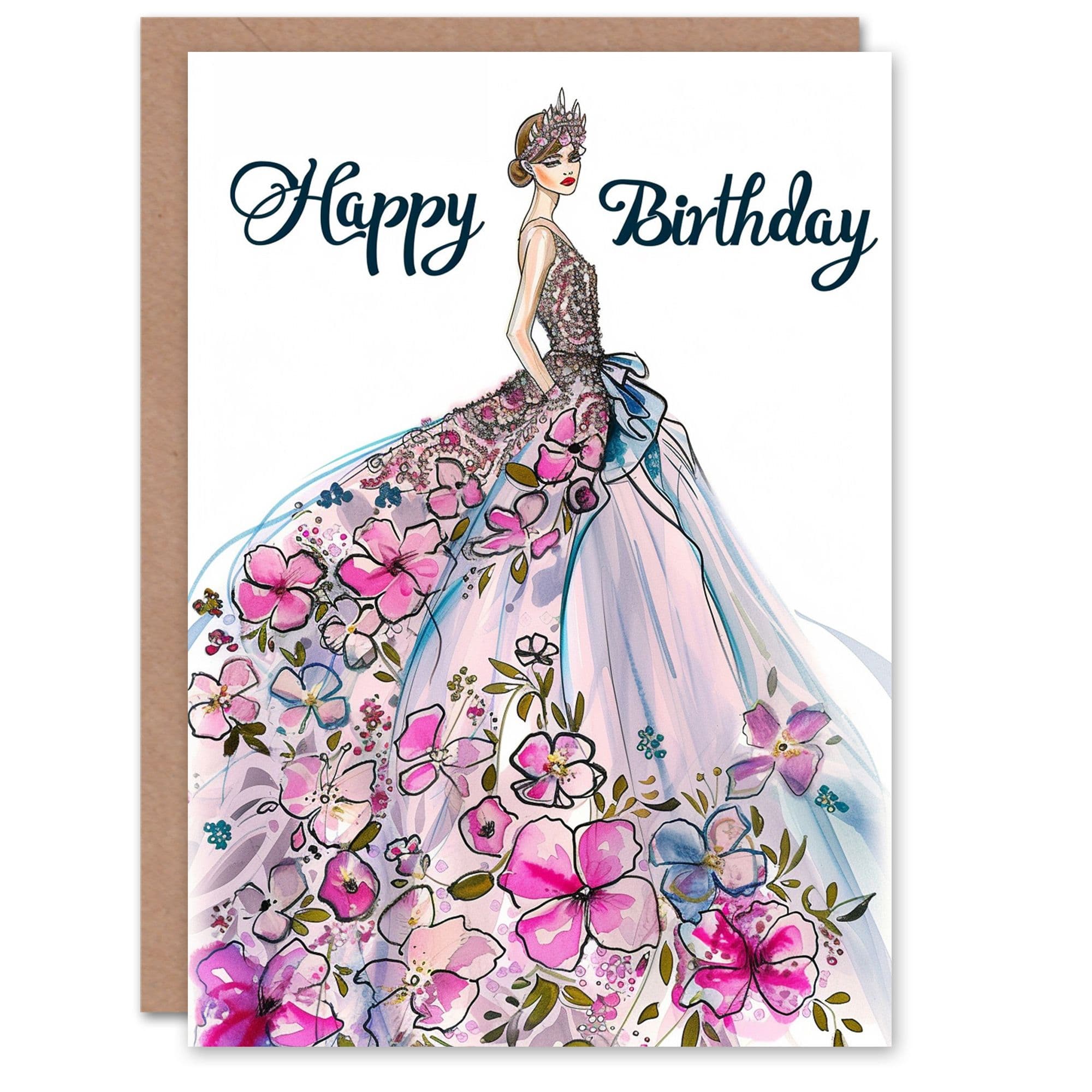 Birthday Card Floral Dress Princess Tiara Her Gran Sister Niece Daughter Wife Greeting Card