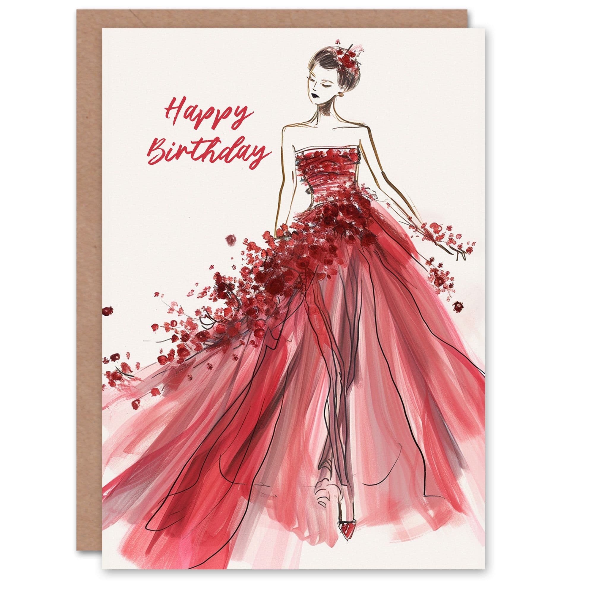 Birthday Card Couture Red Floral Dress Fashion For Her Gran Sister Niece Daughter Wife Greeting Card