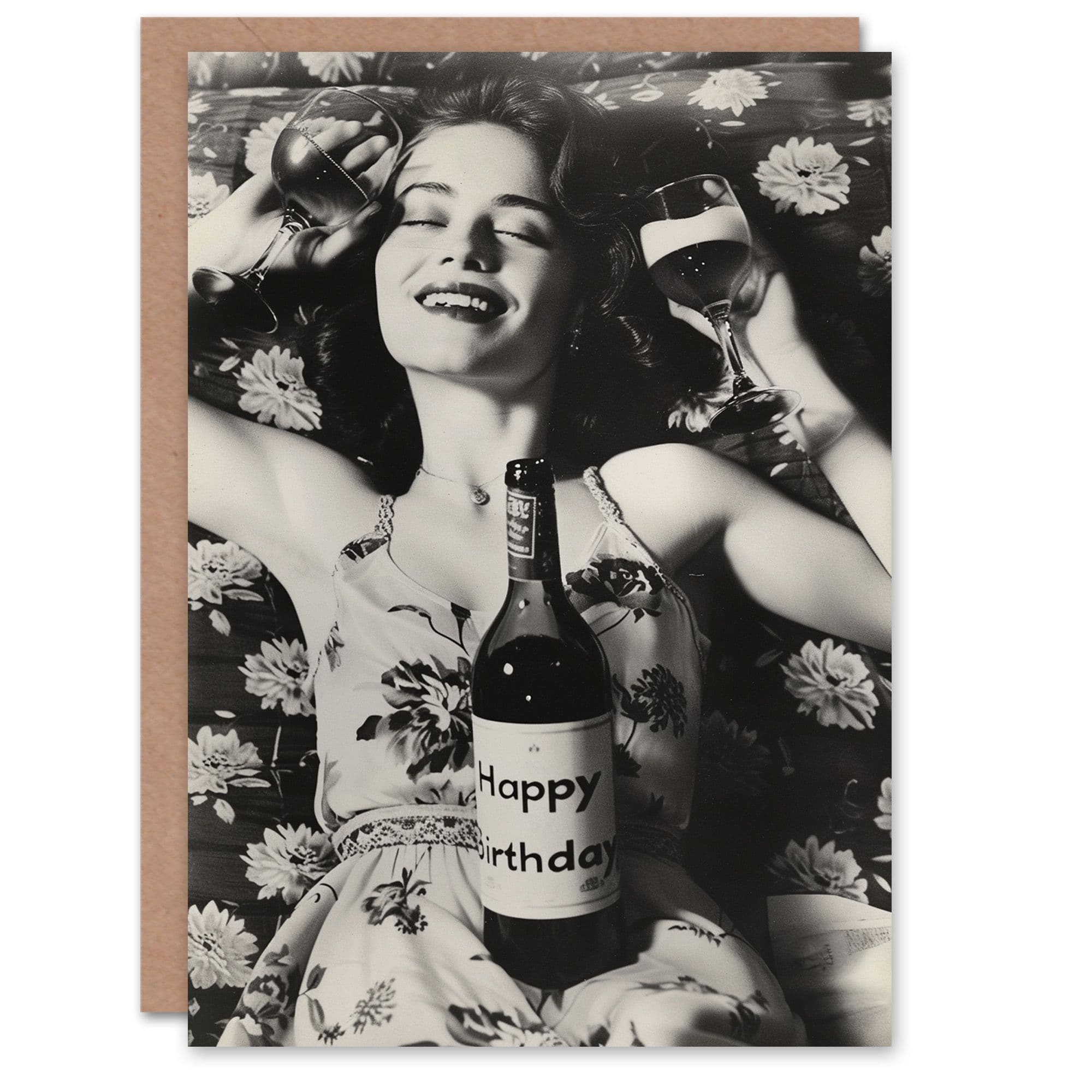 Birthday Card Black White Floral Pattern Happy Wine Lover For Her Gran Sister Niece Daughter Wife Greeting Card