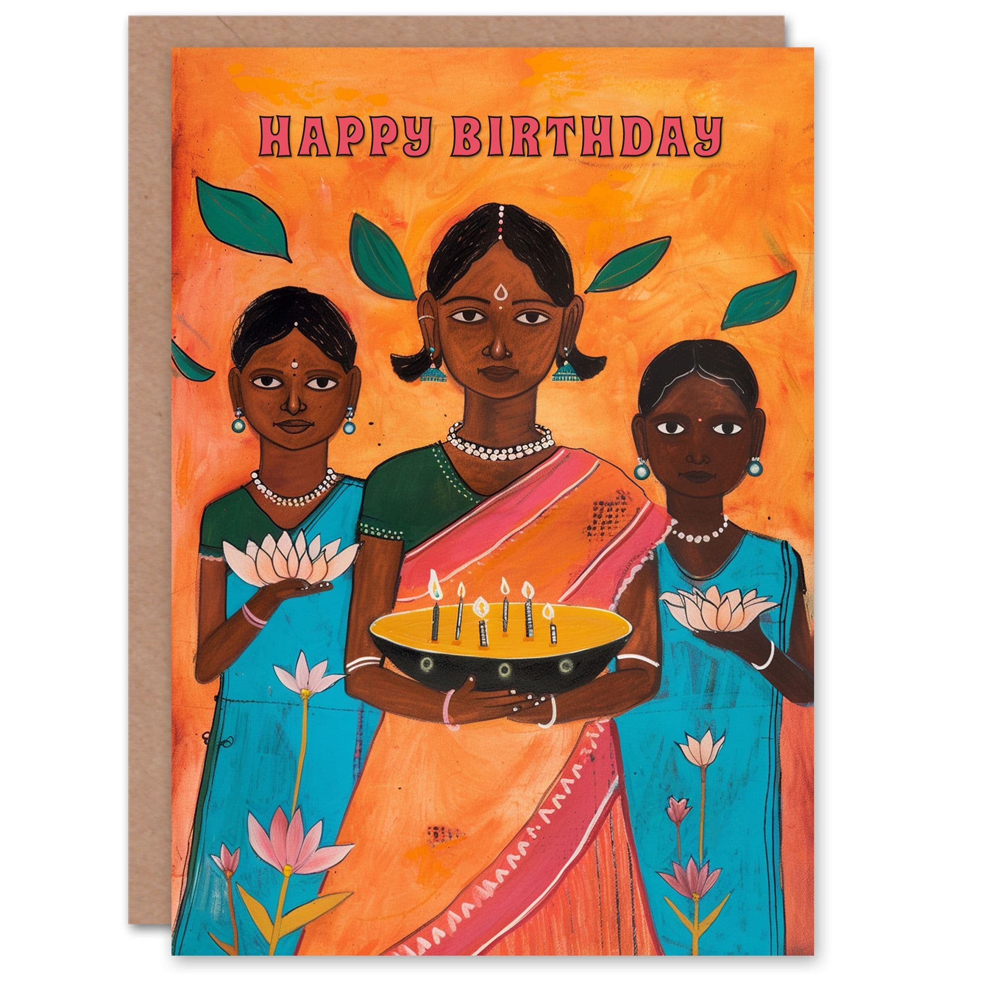 Birthday Card Indian Women Lotus Flowers Kheer Painting For Her Gran Sister Niece Daughter Wife Greeting Card