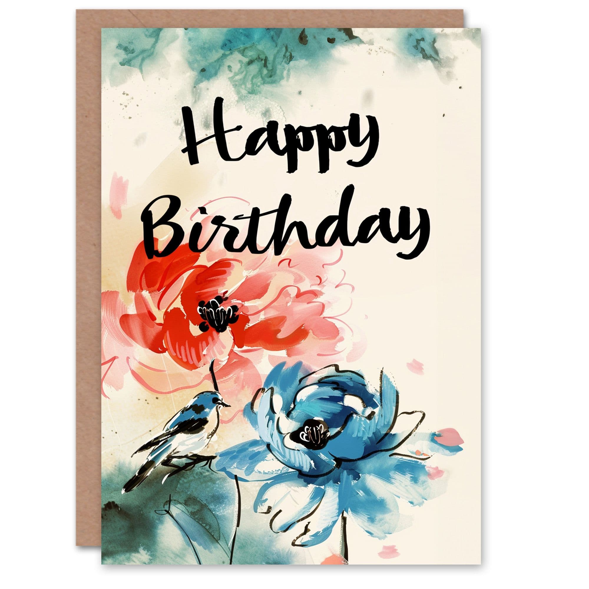 Birthday Card Abstract Flowers Bluebird Painting Her Gran Sister Niece Daughter Wife Greeting Card