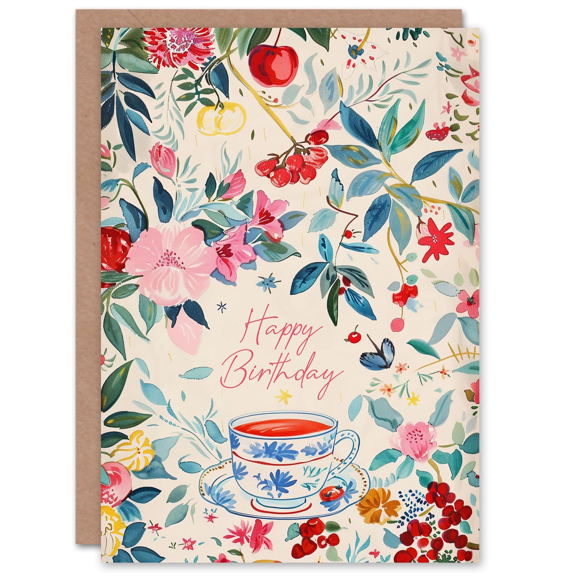 Birthday Card Tea Cup Flower Pattern Floral Painting Her Gran Sister Niece Daughter Wife Greeting Card