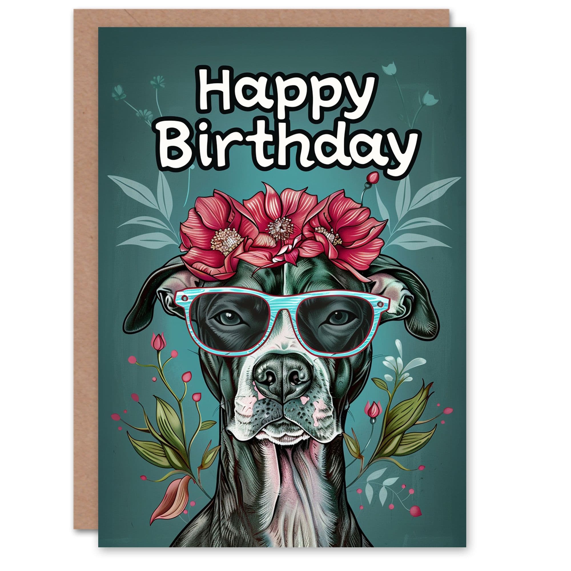 Birthday Card Staffy Dog Lover Flowers Sunglasses For Her Gran Sister Niece Daughter Wife Greeting Card