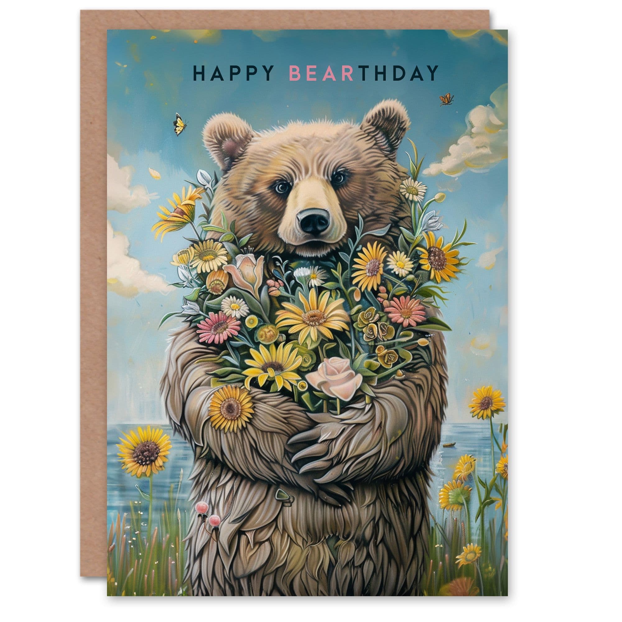 Birthday Card Happy Bearthday Cute Bear Flower Bouquet Her Gran Sister Niece Daughter Wife Greeting Card