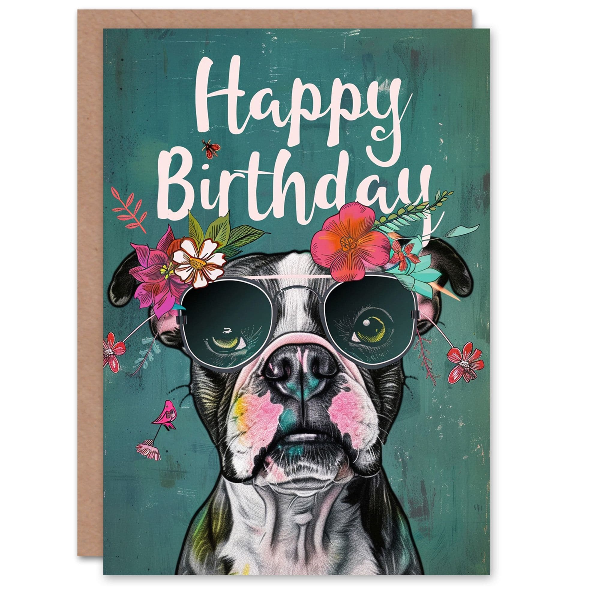 Birthday Card French Bulldog Dog Lover Flower Sunglasses Her Gran Sister Niece Daughter Wife Greeting Card