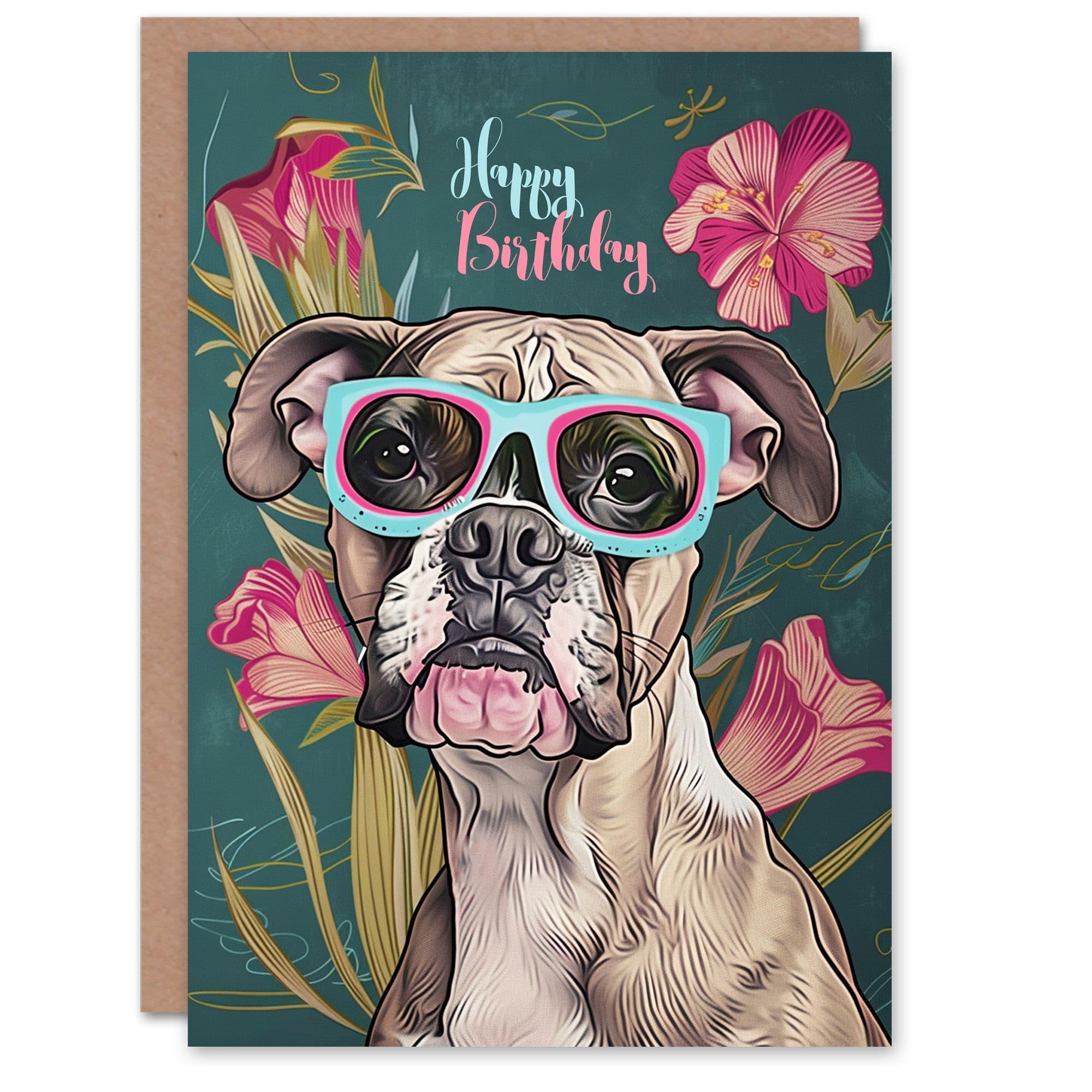 Birthday Card Boxer Dog Lover Sunglasses Floral Portrait For Her Gran Sister Niece Daughter Wife Greeting Card