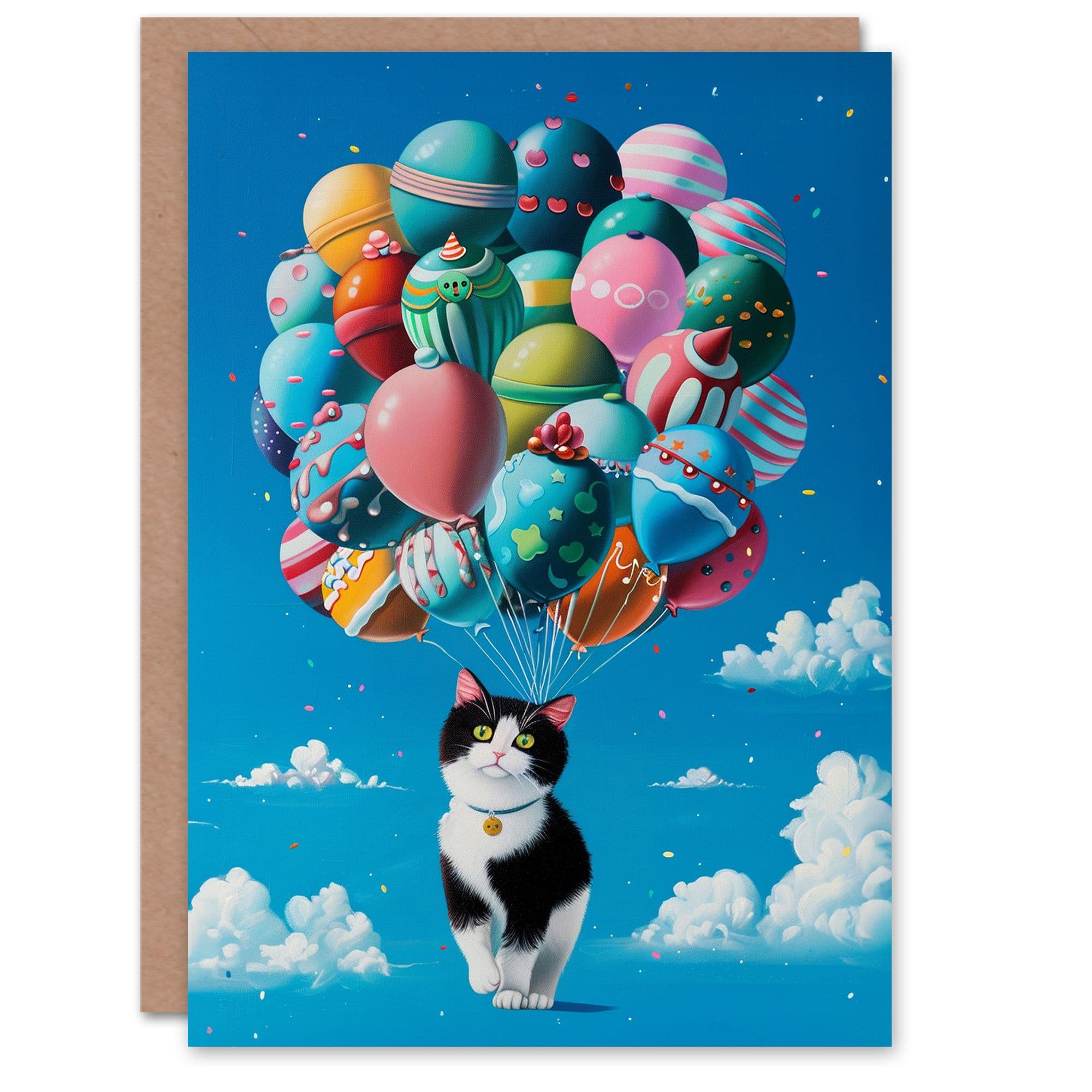 Birthday Card Cat Clouds Balloons Surreal Her Gran Sister Niece Daughter Wife Greeting Card
