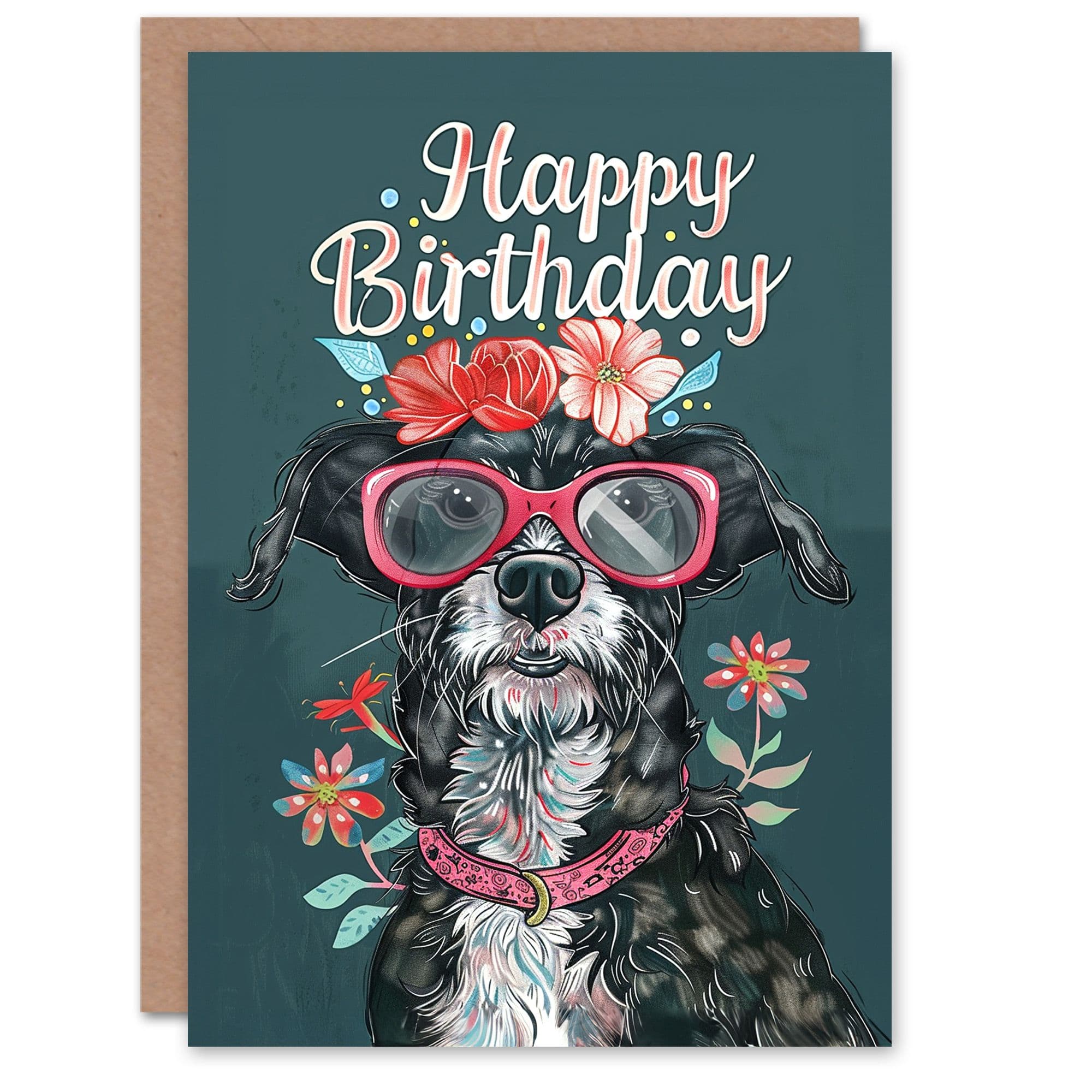 Birthday Card Cute Dog Lover Sunglasses and Flowers For Her Gran Sister Niece Daughter Wife Greeting Card